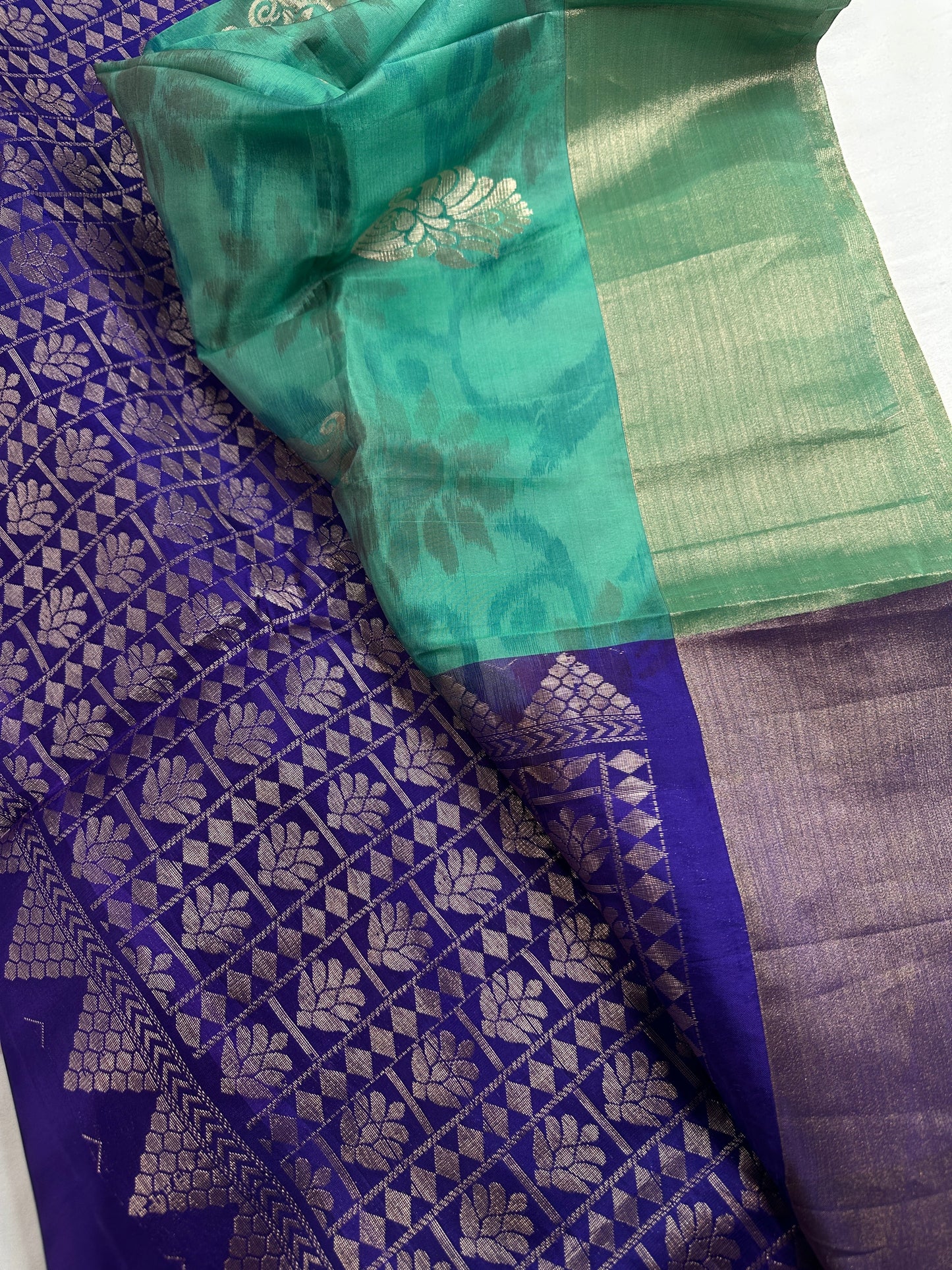 Green Blue Semi Uppada Silk Butta Saree
