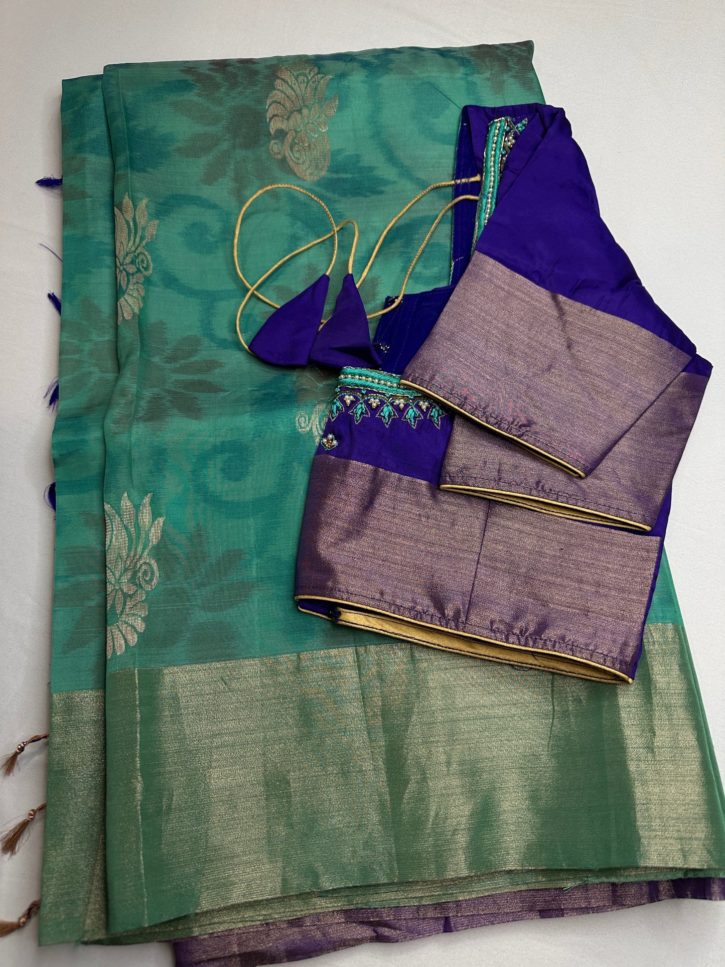 Green Blue Semi Uppada Silk Butta Saree