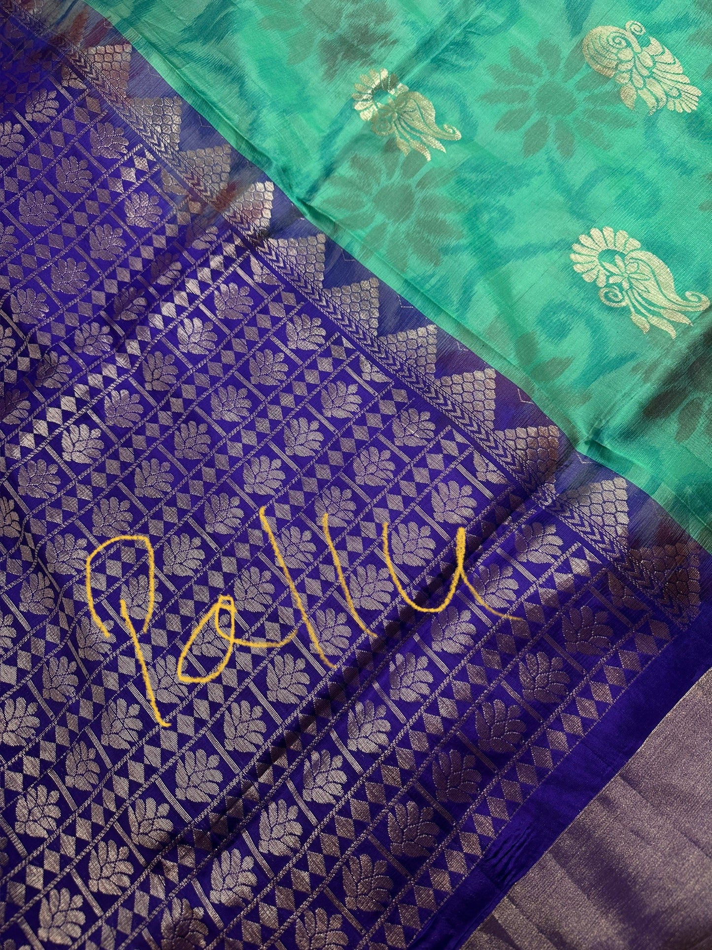 Green Blue Semi Uppada Silk Butta Saree