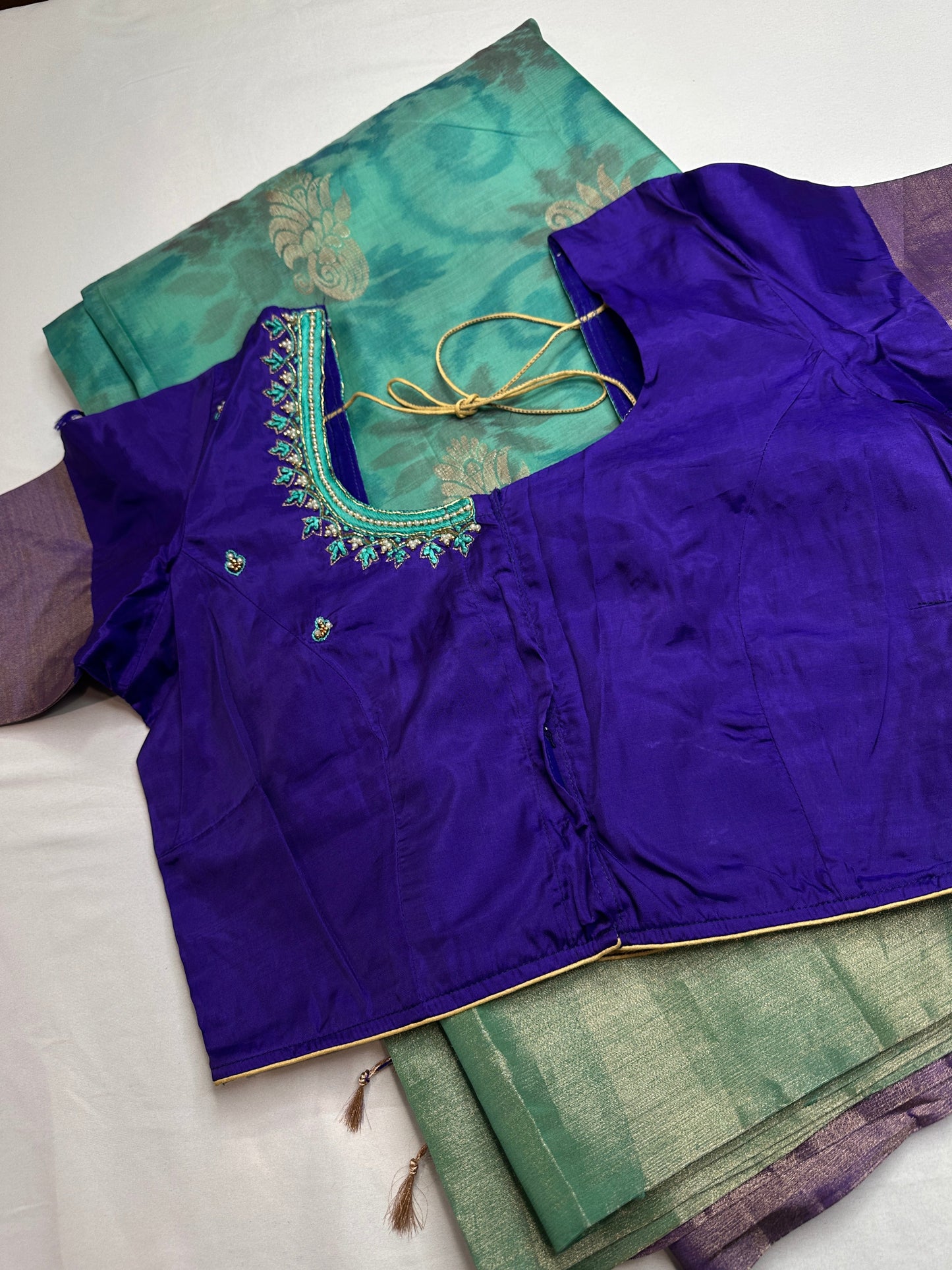 Green Blue Semi Uppada Silk Butta Saree