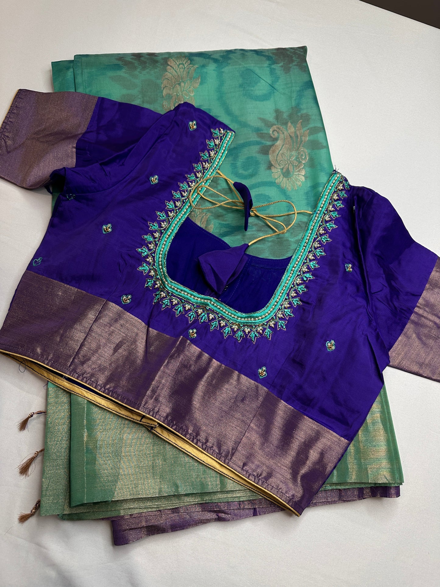 Green Blue Semi Uppada Silk Butta Saree