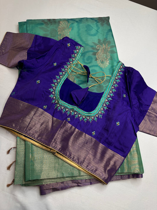 Green Blue Semi Uppada Silk Butta Saree