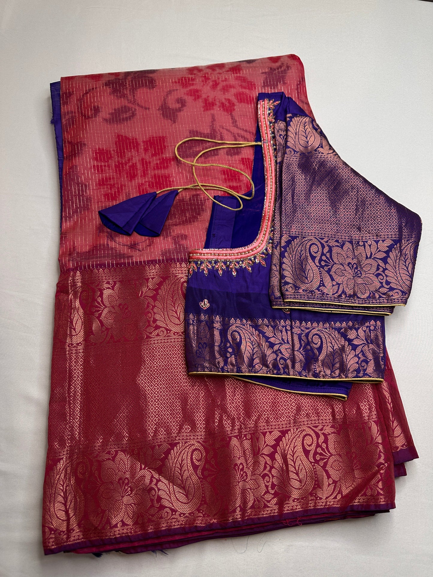 Pink Blue Kanchi Border Silk Saree