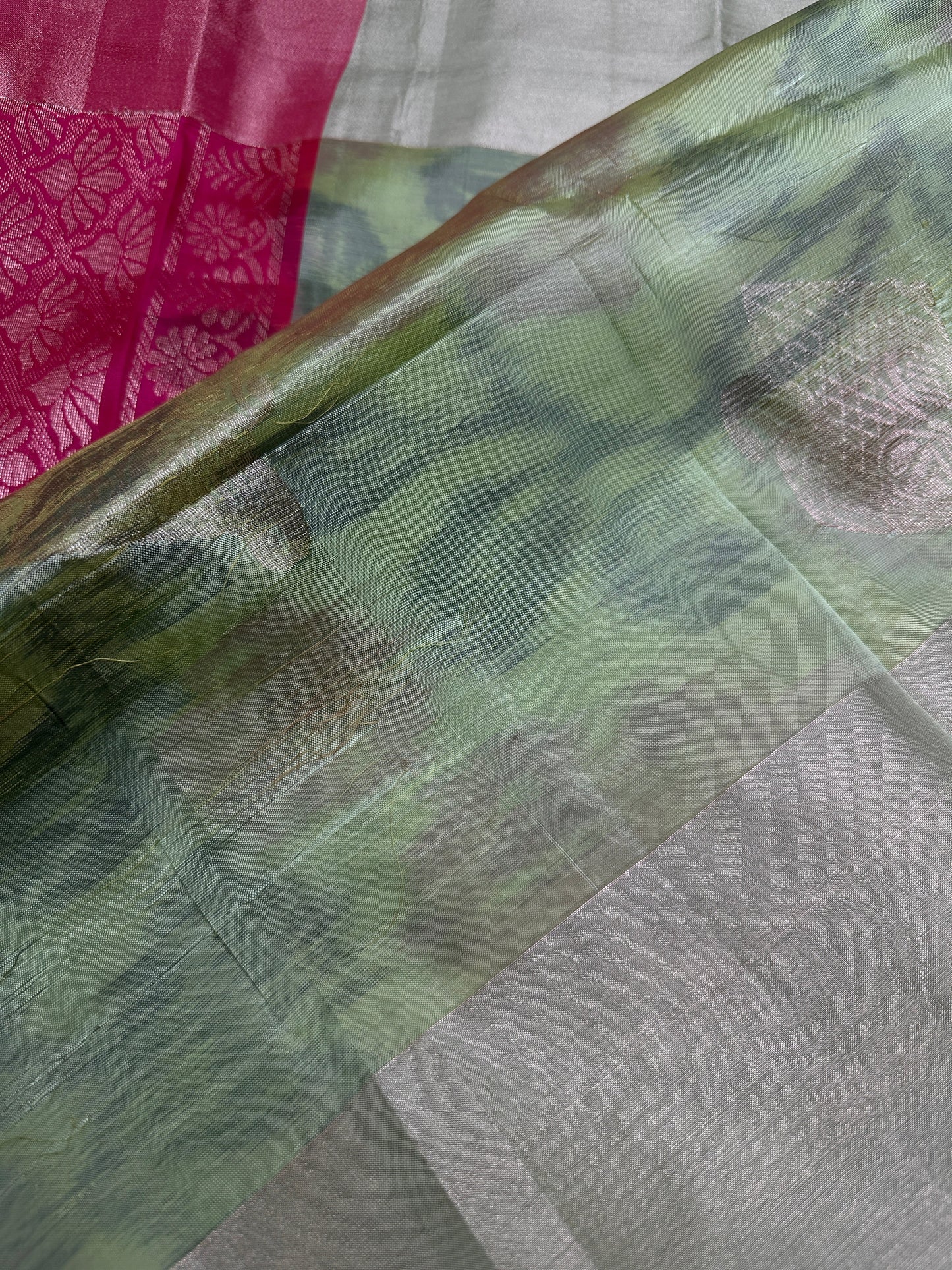 Green Pink Semi Uppada Silk Butta Saree