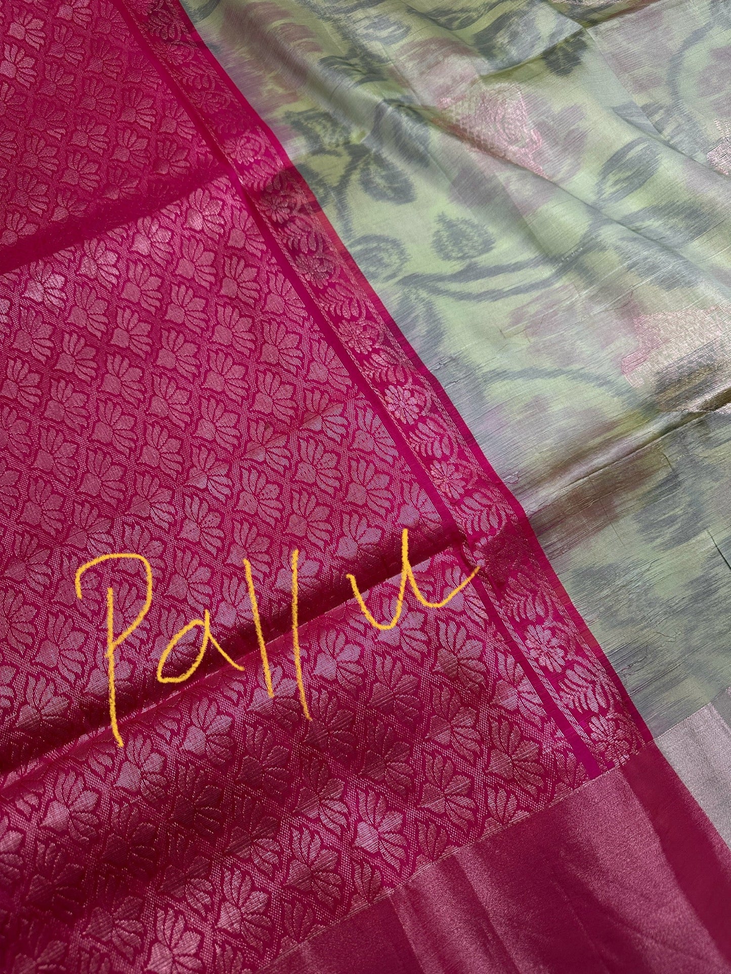 Green Pink Semi Uppada Silk Butta Saree