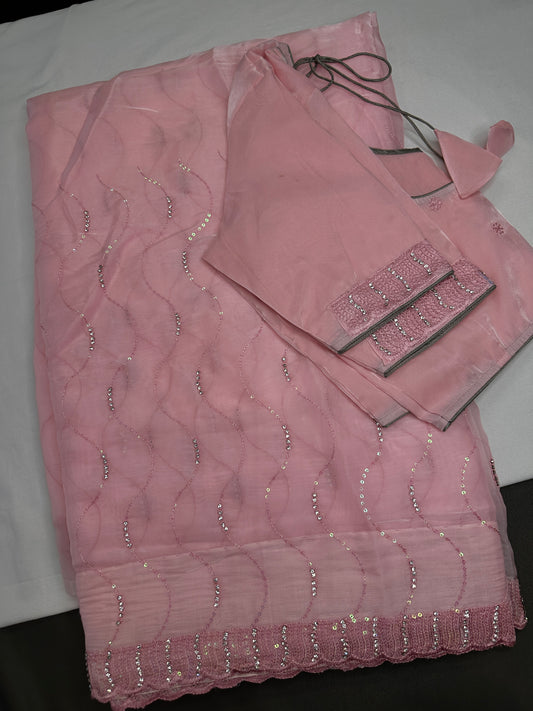 Pink Tissue Work Party Wear Saree - 