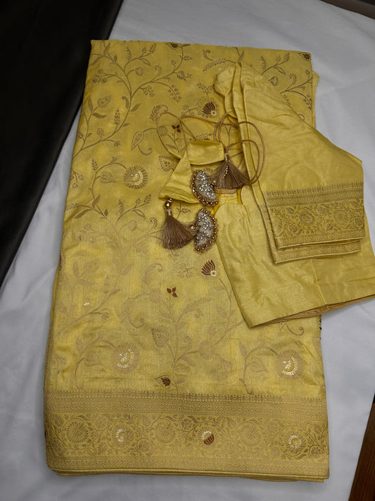 Banarsi Munga Silk Lemon Yellow Saree