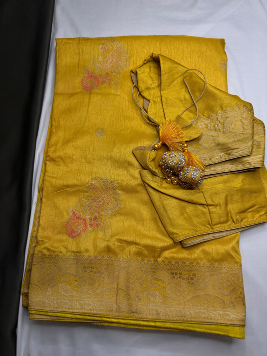 Banarsi Munga Silk Yellow Saree
