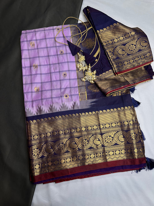 Gadwal Semi Silk Purple Checks Vintage Saree