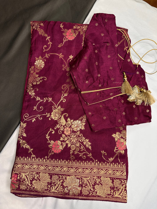 Banarsi Munga Silk Magenta Pink Saree