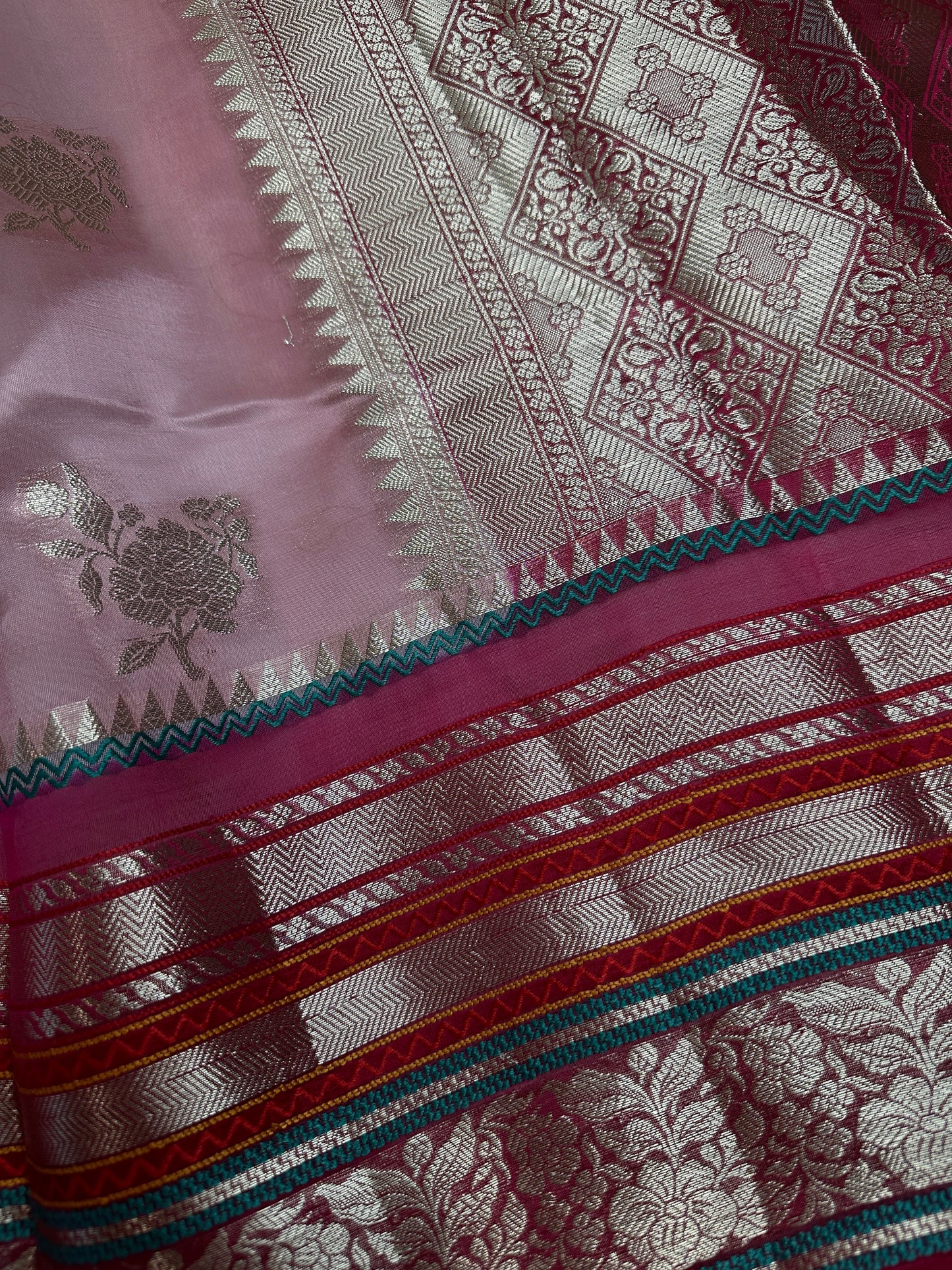 Pure Muga Silk Silver Weaving Pink Saree