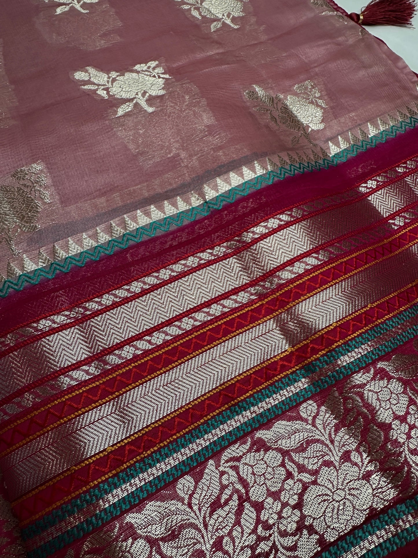 Pure Muga Silk Silver Weaving Pink Saree