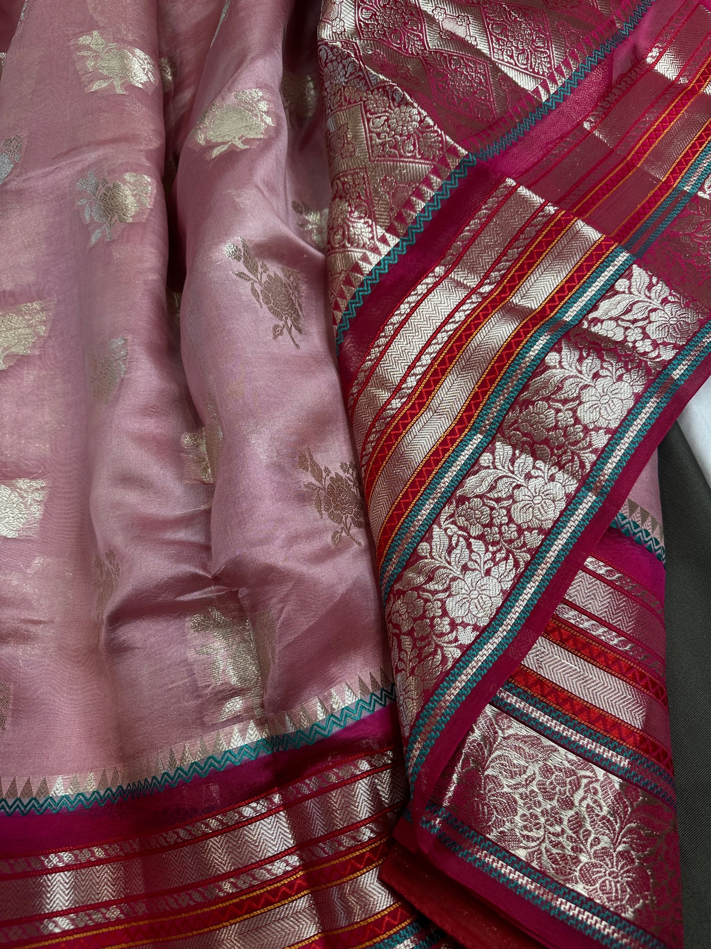 Pure Muga Silk Silver Weaving Pink Saree
