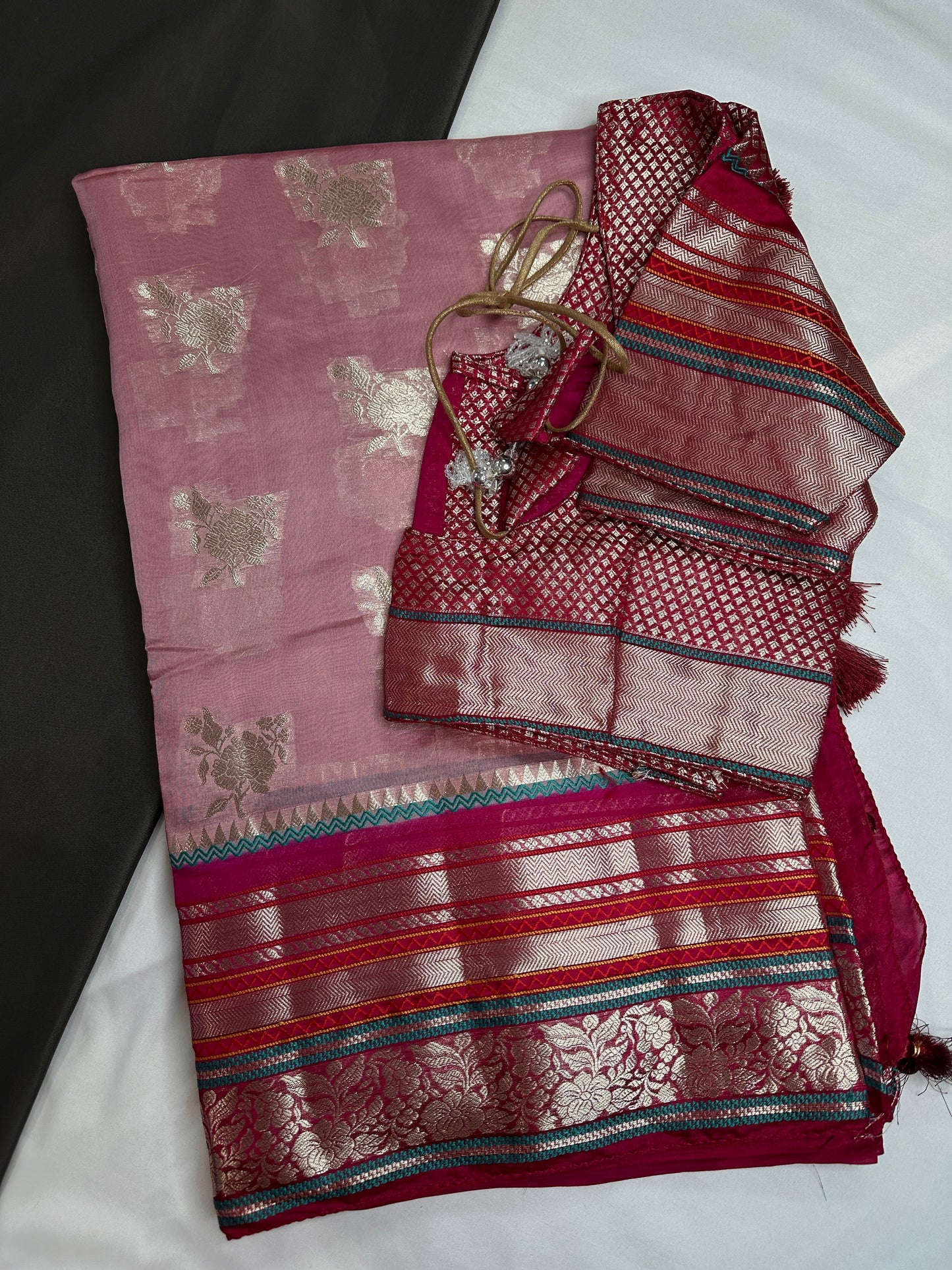 Pure Muga Silk Silver Weaving Pink Saree