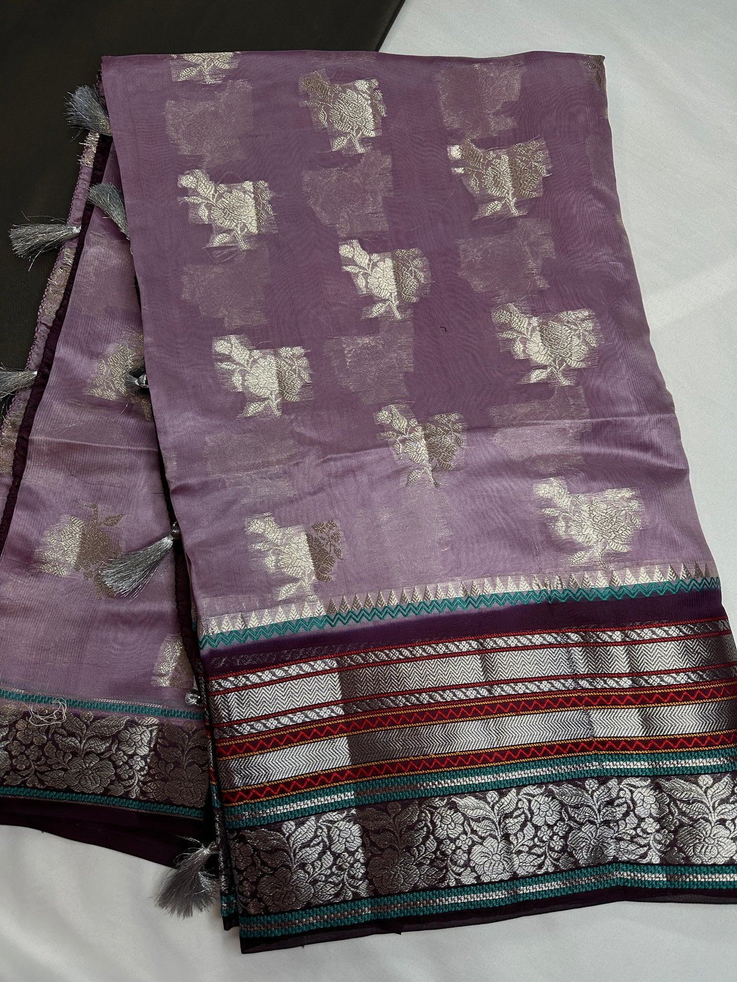 Pure Muga Silk Silver Weaving Lavender Purple Saree