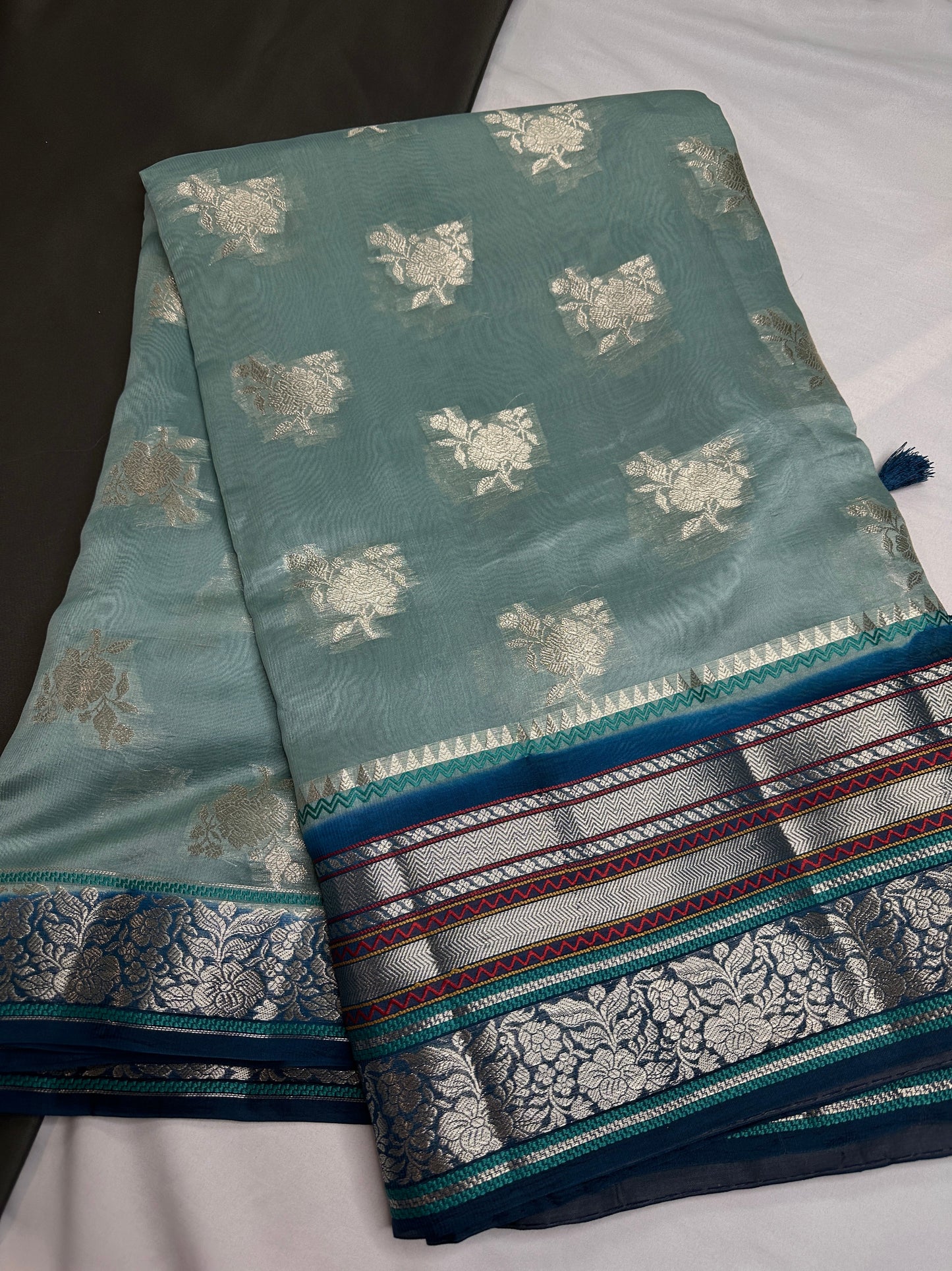 Pure Muga Silk Silver Weaving Blue Saree