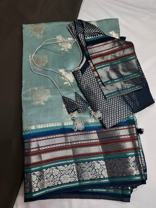 Pure Muga Silk Silver Weaving Blue Saree