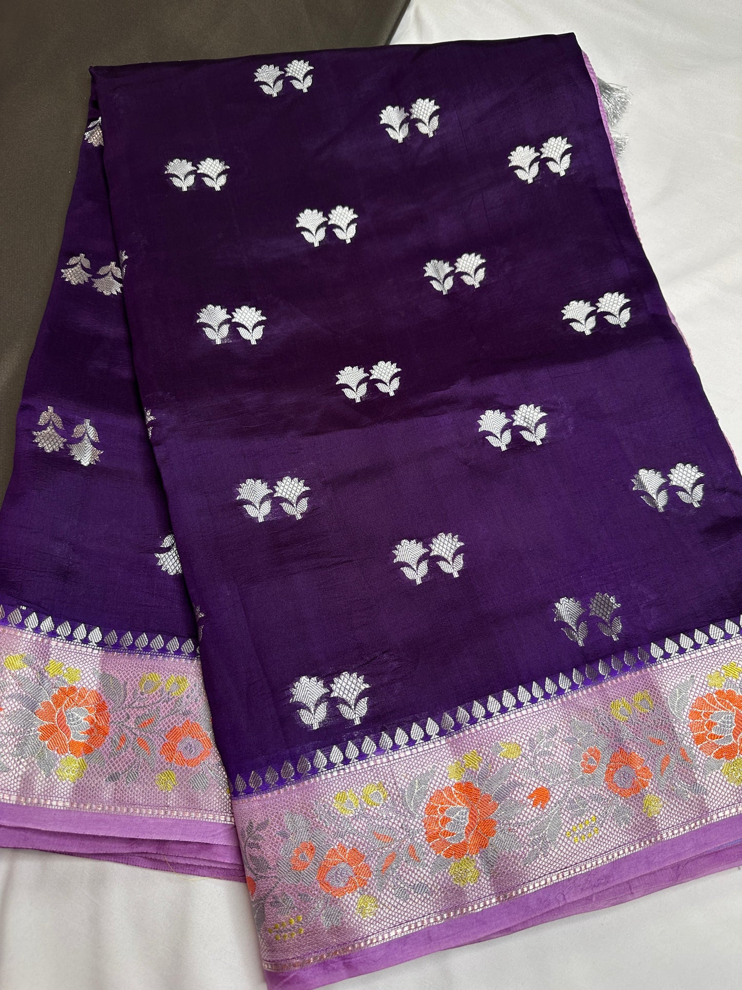 Pure Muga Silk Silver Weaving Lavender Purple Saree