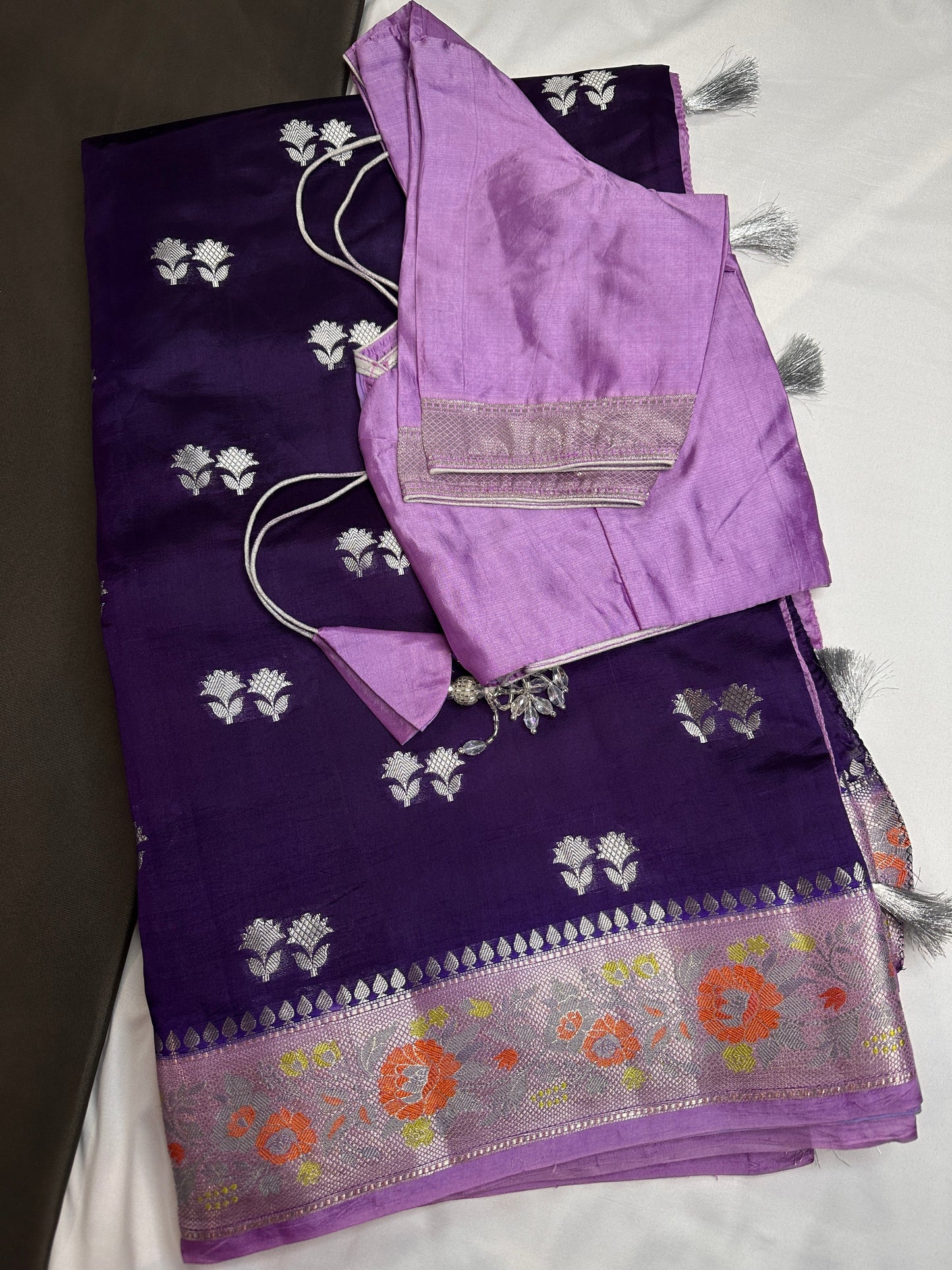 Pure Muga Silk Silver Weaving Lavender Purple Saree