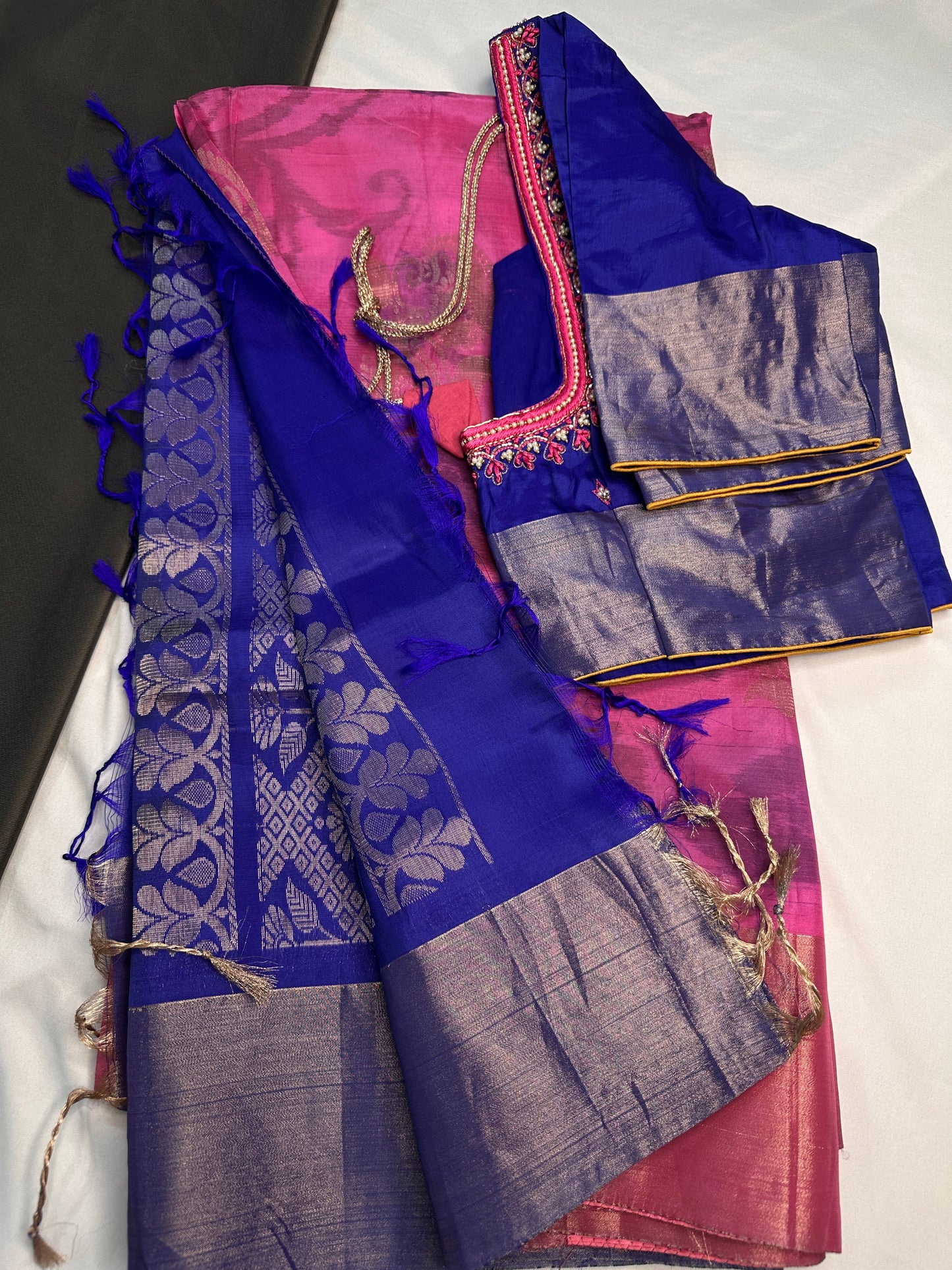 Pink Blue Semi Uppada Silk Butta Saree