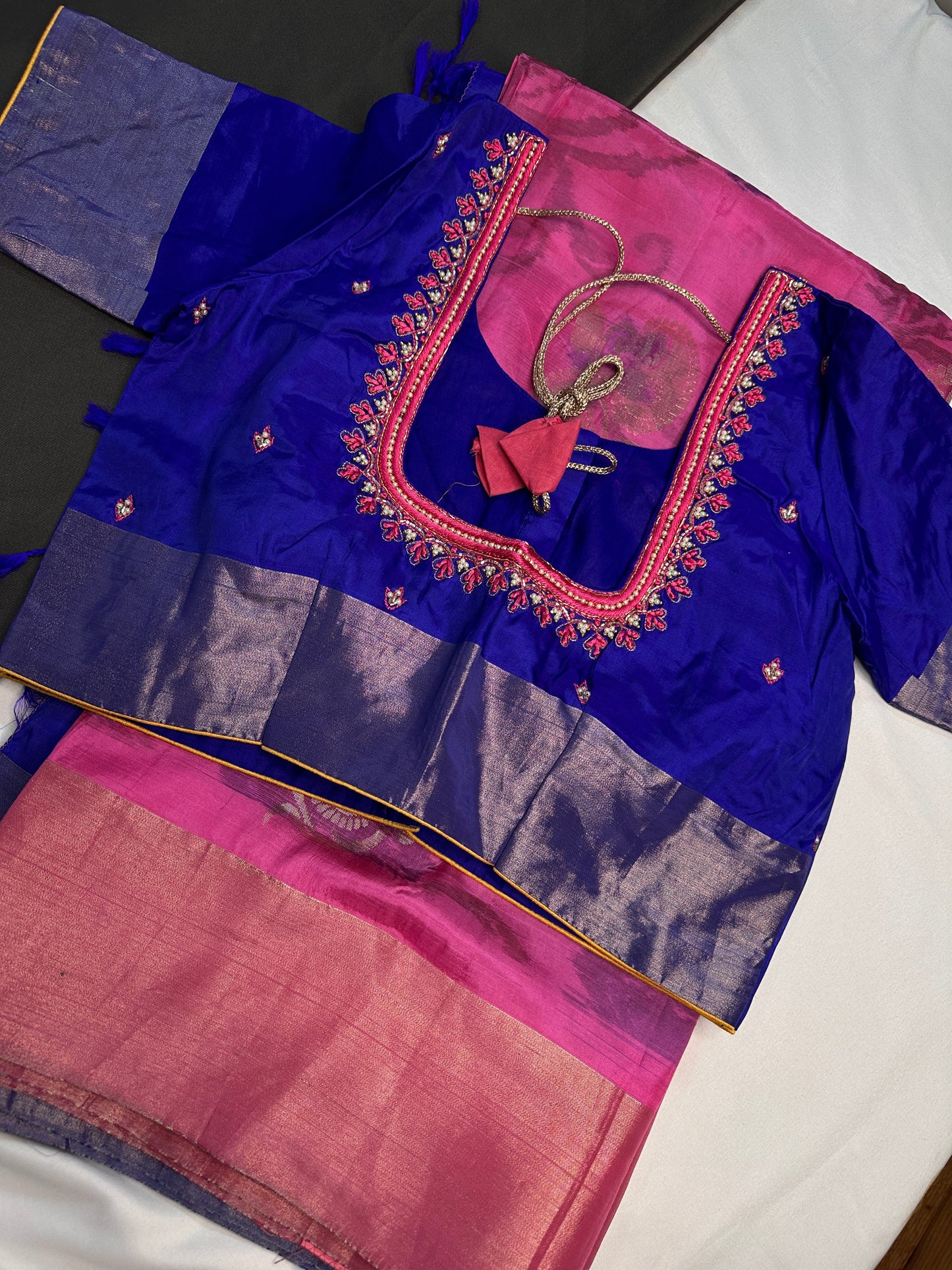 Pink Blue Semi Uppada Silk Butta Saree
