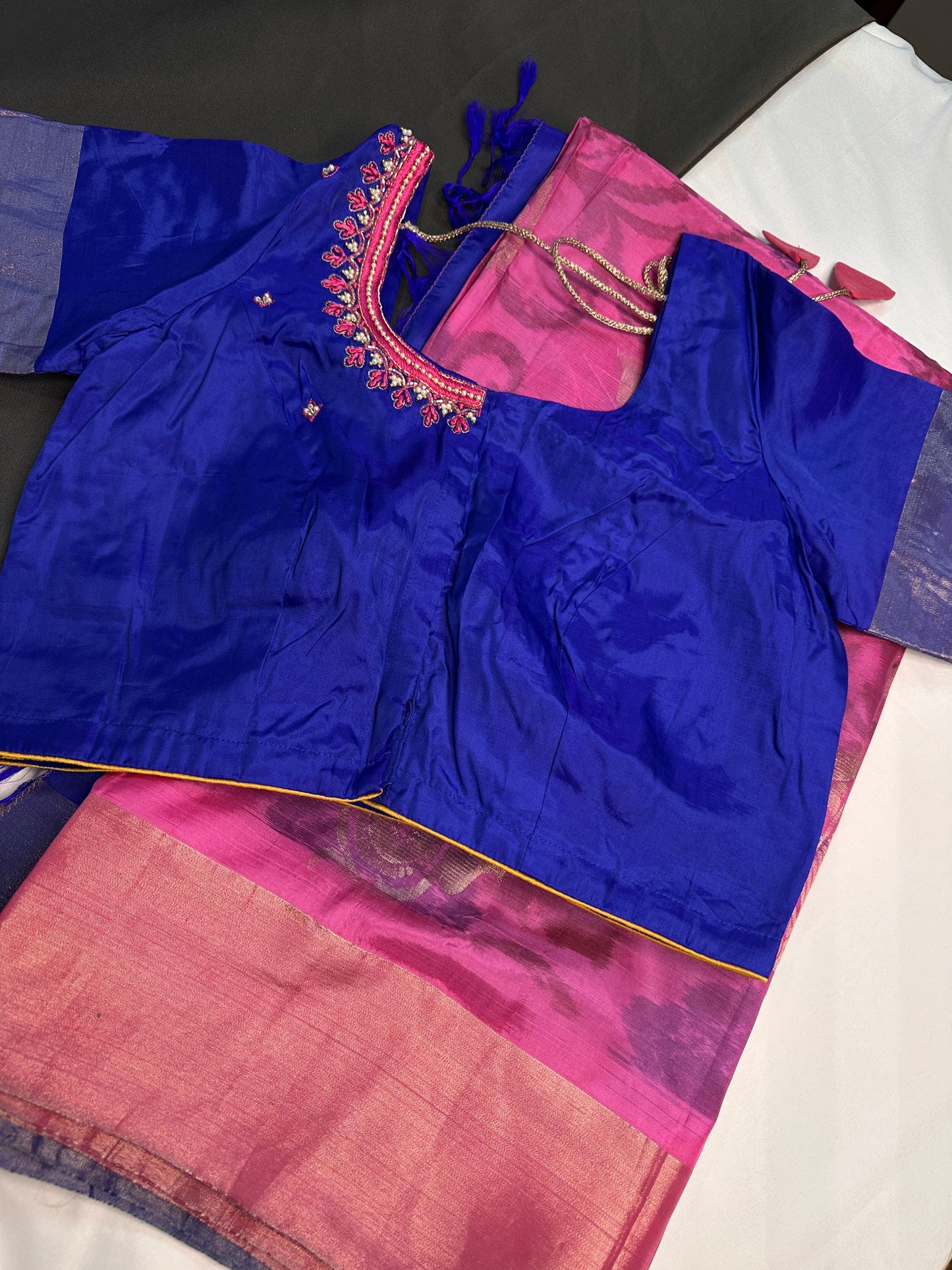 Pink Blue Semi Uppada Silk Butta Saree