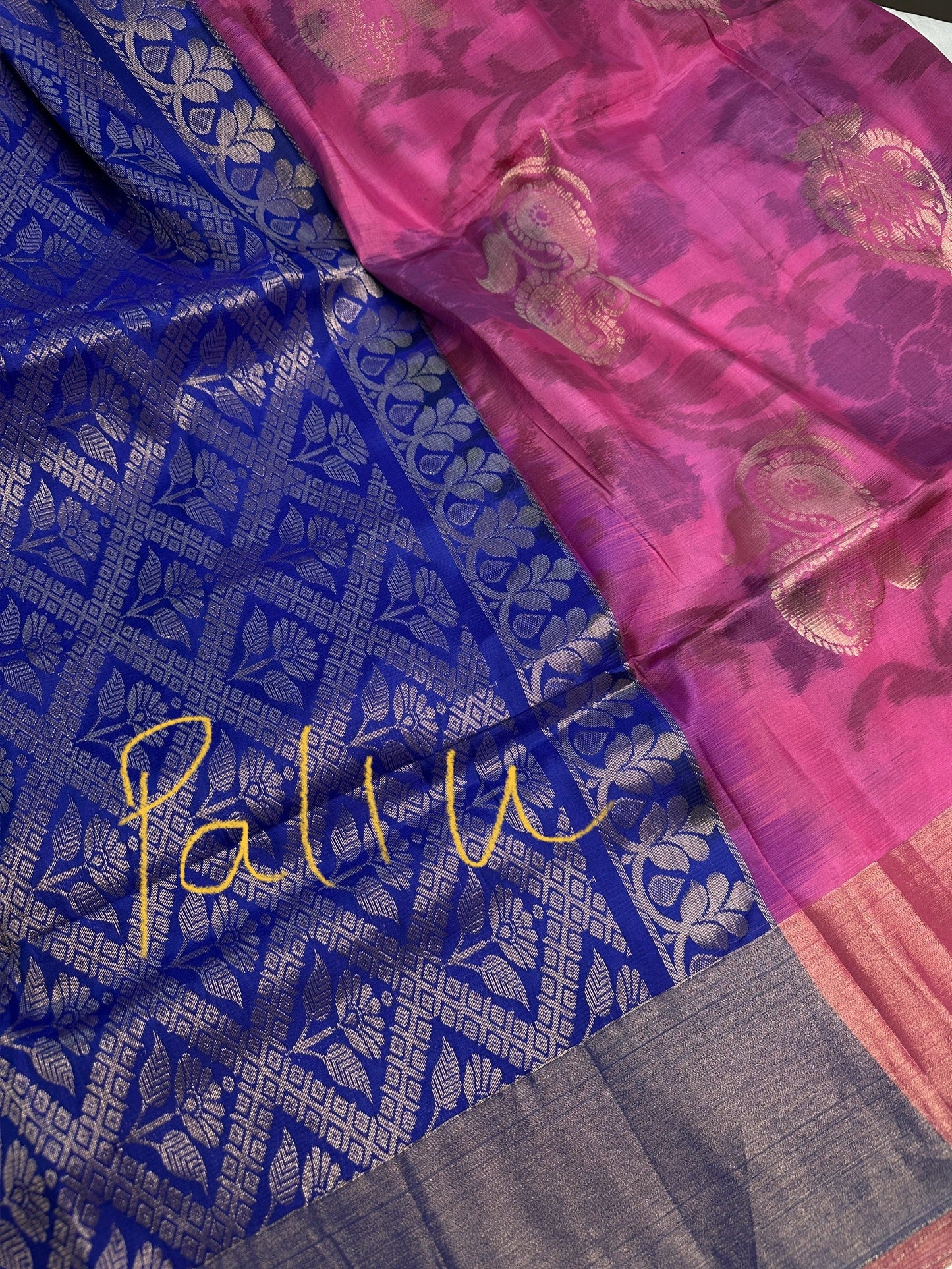 Pink Blue Semi Uppada Silk Butta Saree
