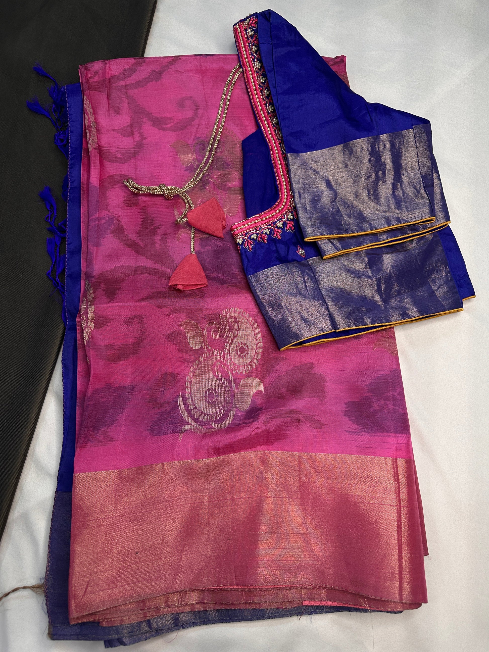 Pink Blue Semi Uppada Silk Butta Saree