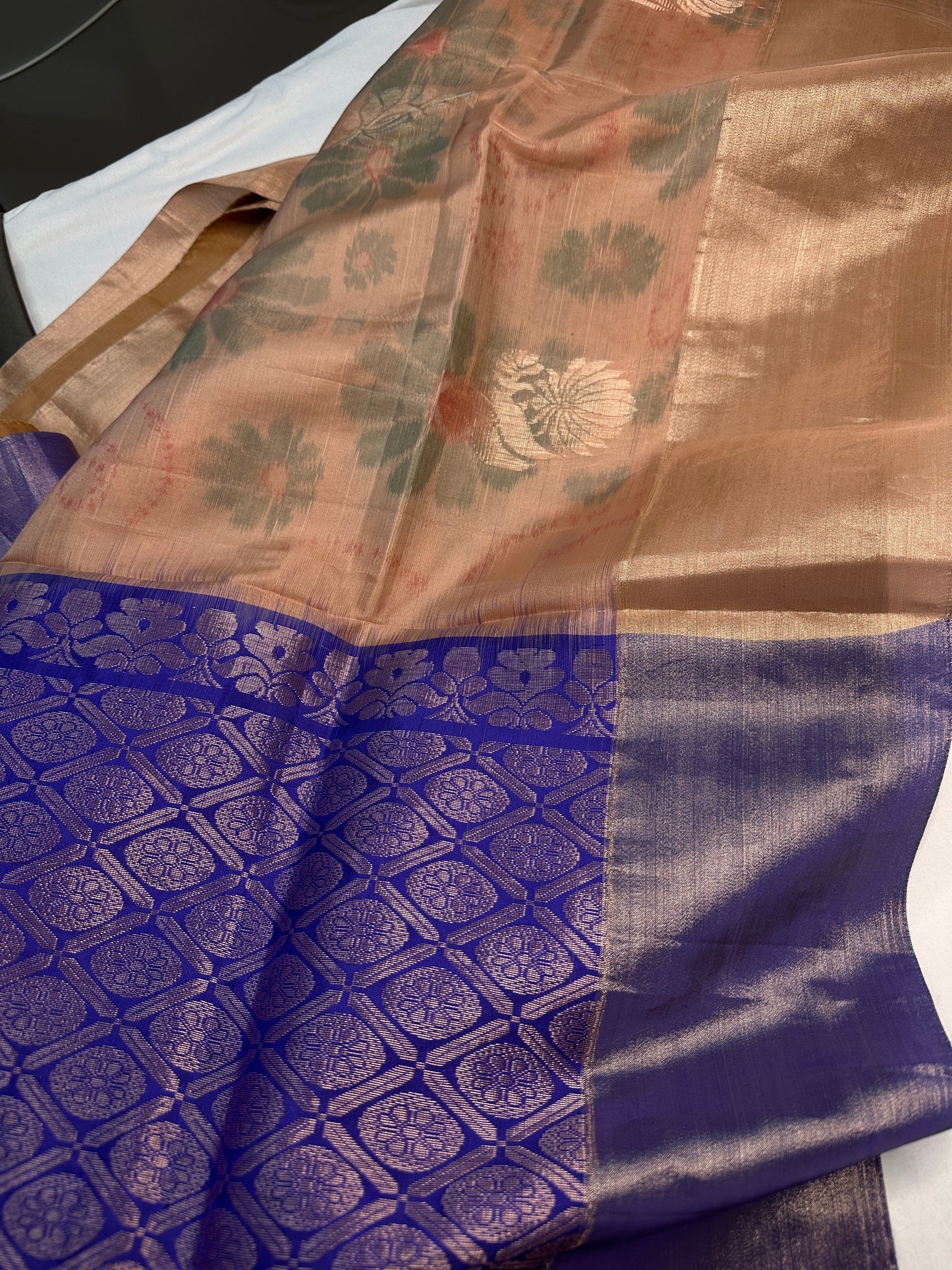 Beige Blue Semi Uppada Silk Butta Saree