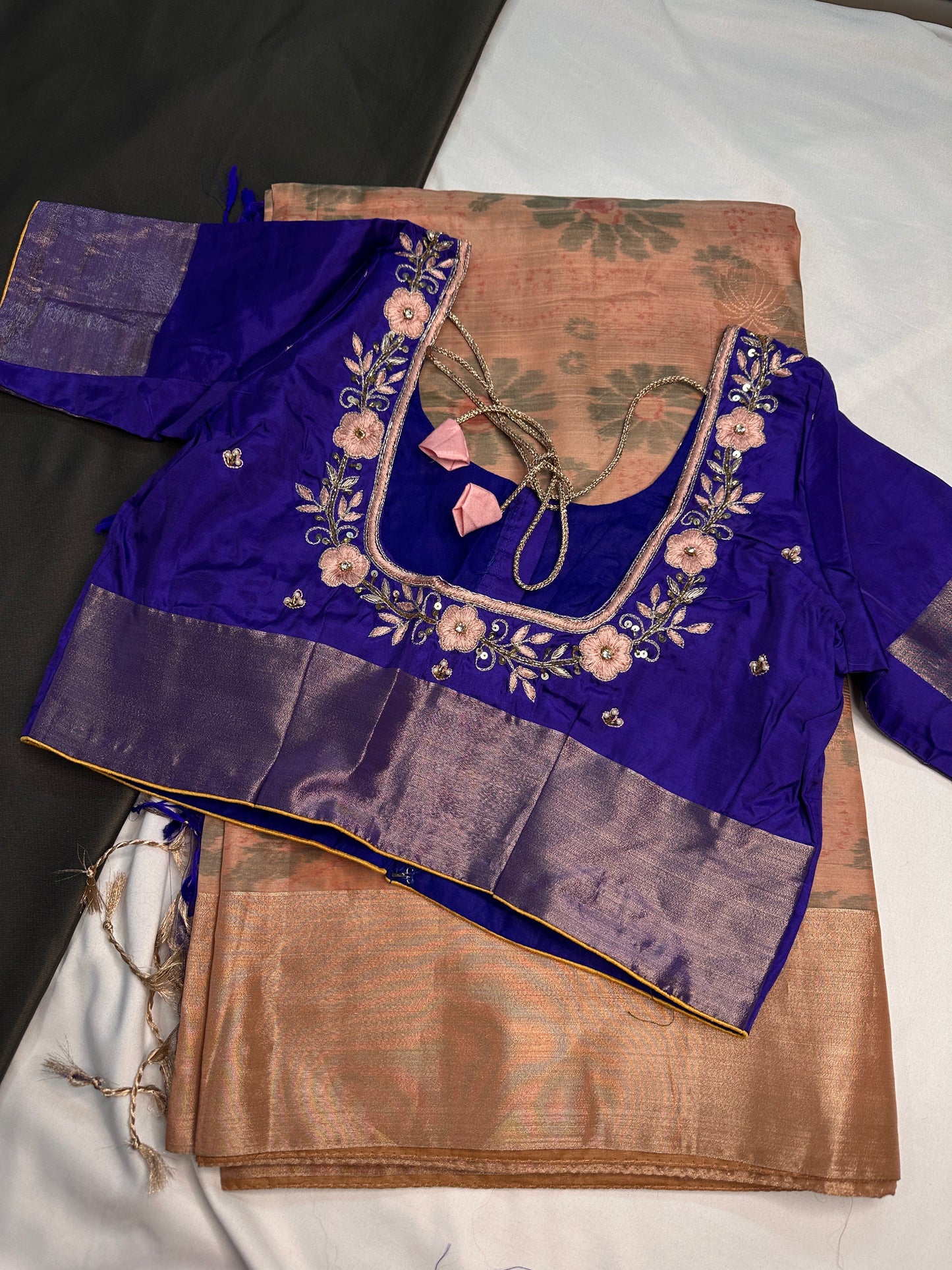 Beige Blue Semi Uppada Silk Butta Saree