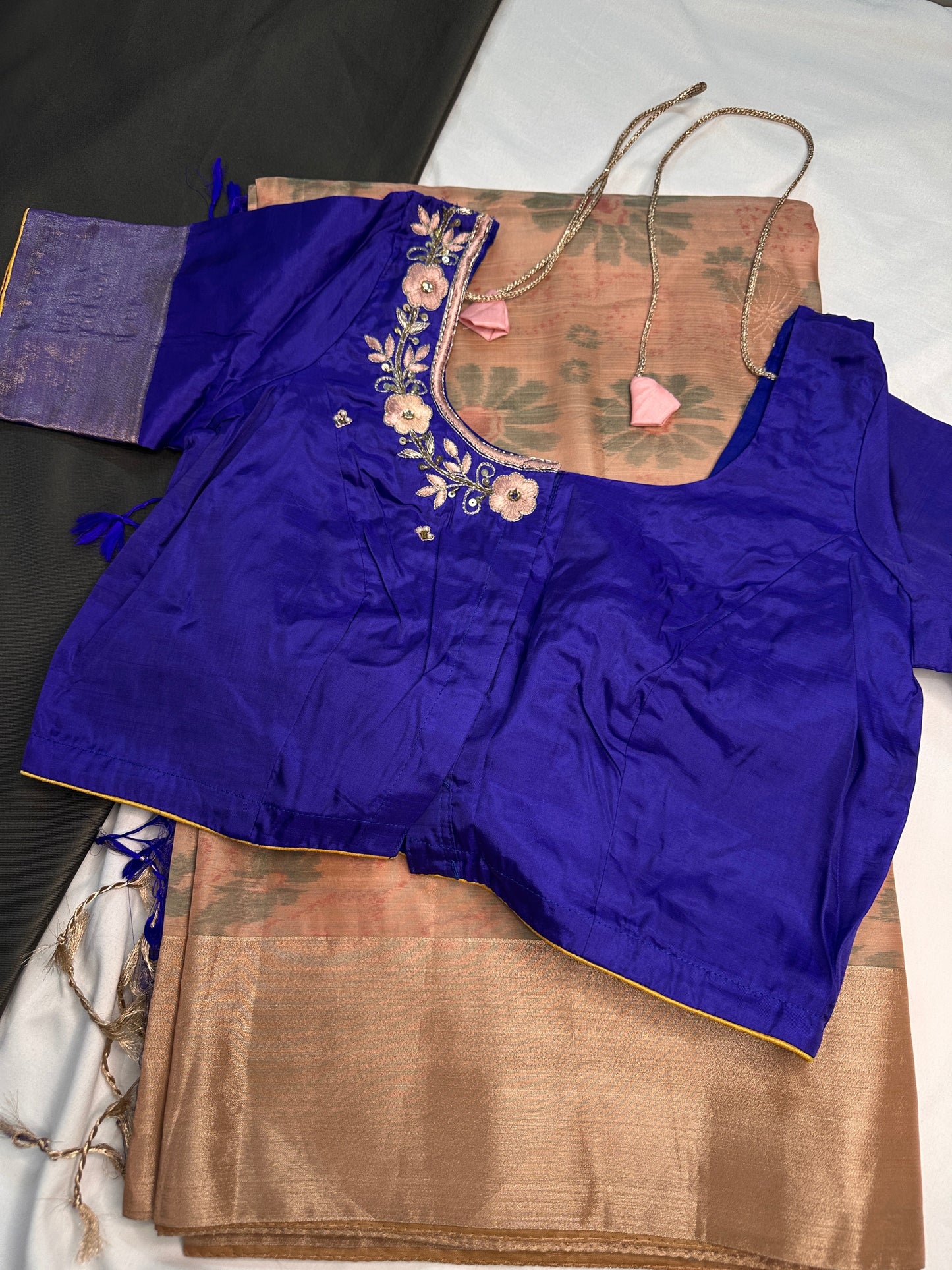 Beige Blue Semi Uppada Silk Butta Saree