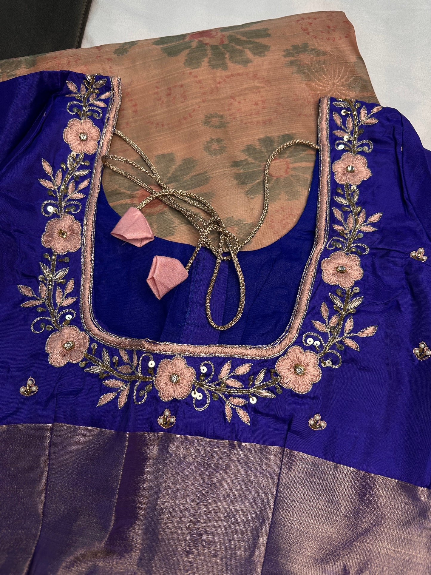 Beige Blue Semi Uppada Silk Butta Saree