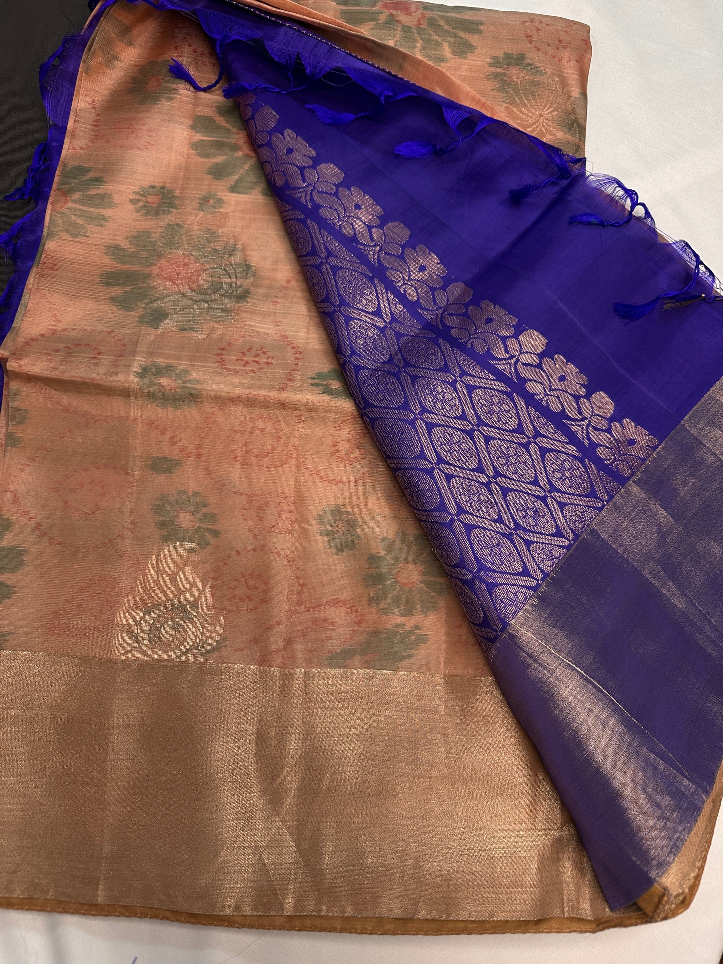 Beige Blue Semi Uppada Silk Butta Saree