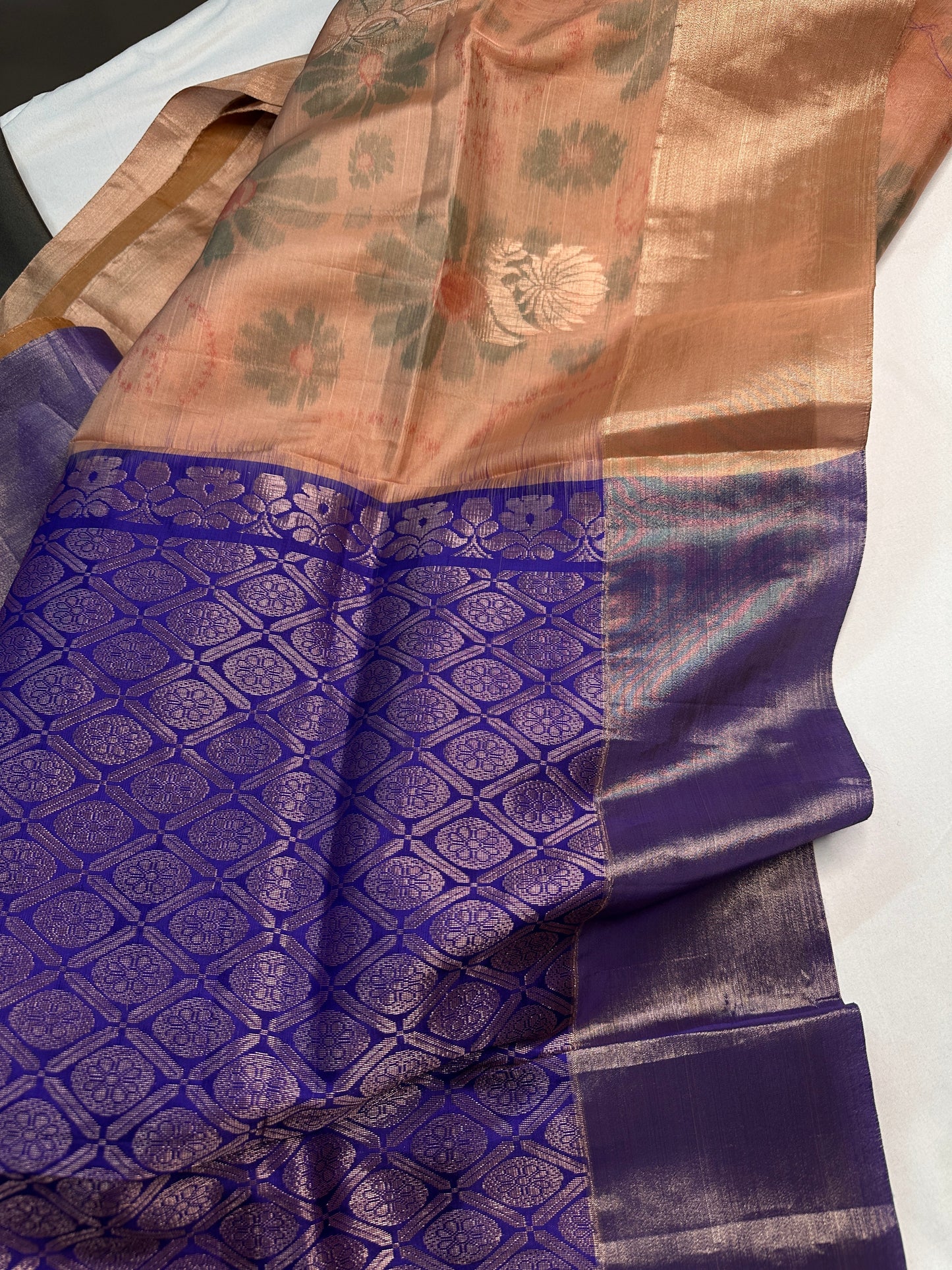Beige Blue Semi Uppada Silk Butta Saree