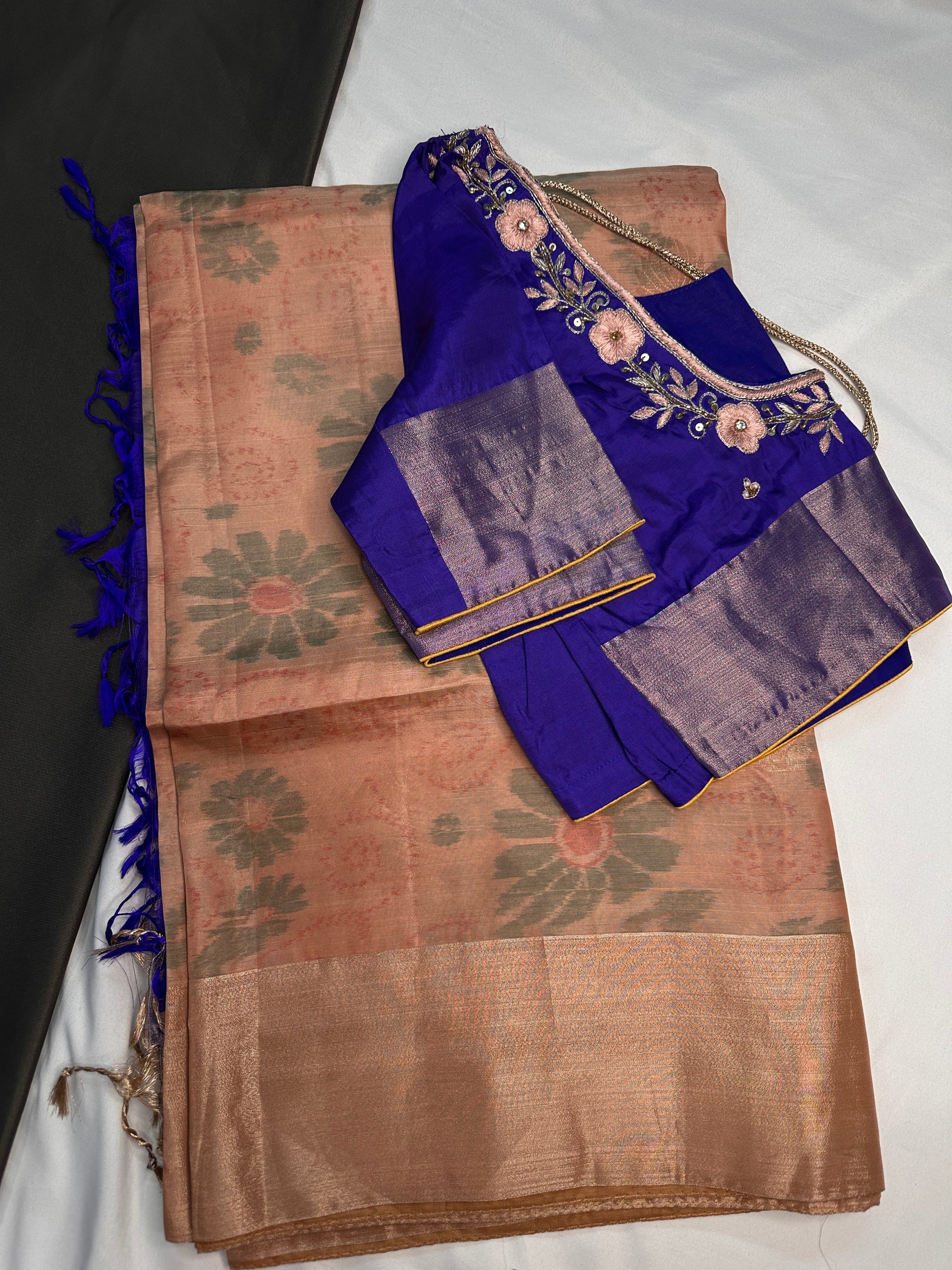 Beige Blue Semi Uppada Silk Butta Saree