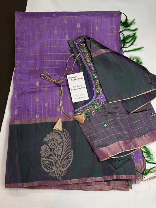 Purple Green Semi Uppada Silk Butta Saree - 