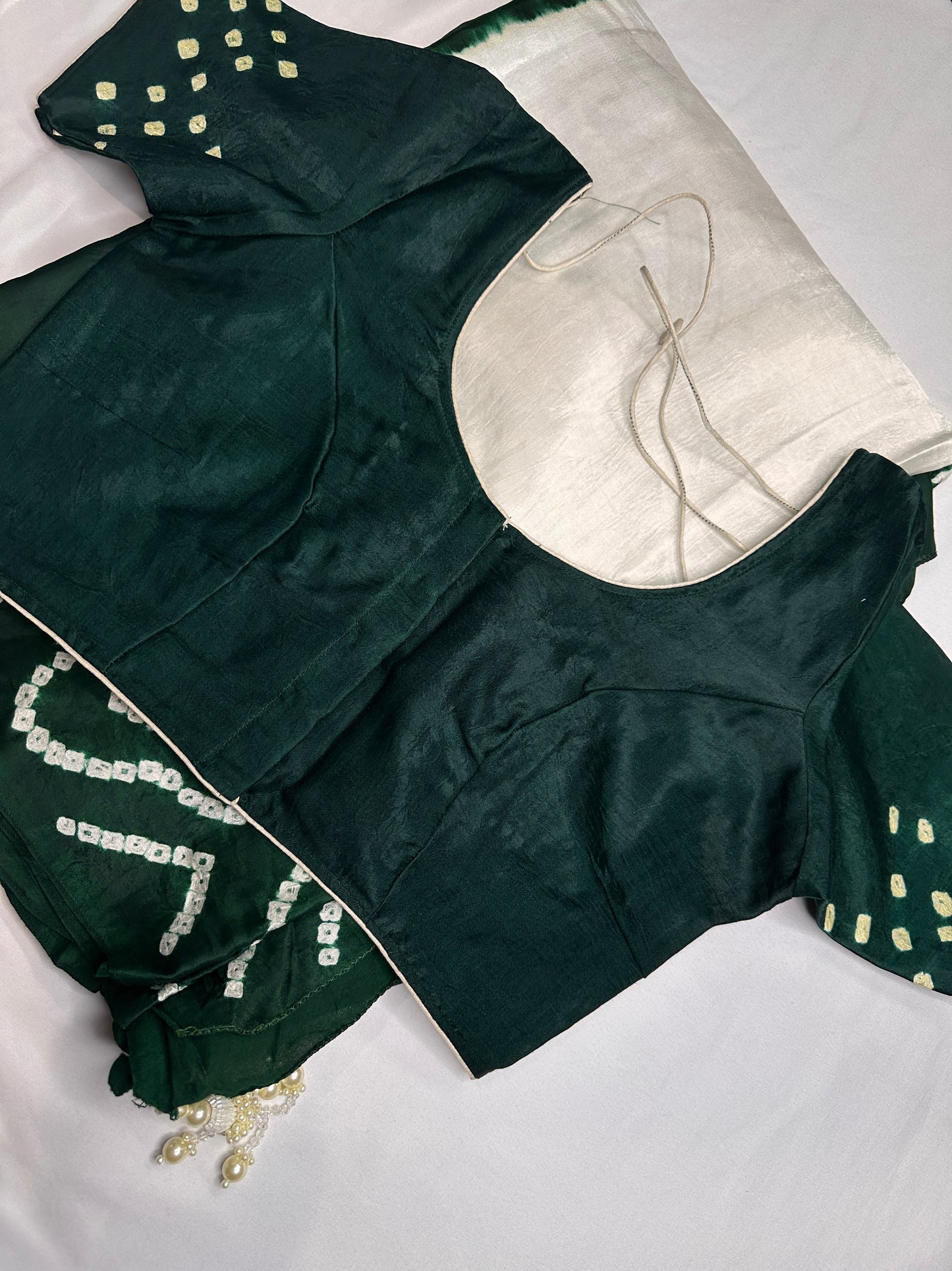 Bandhani Bhandej Half and Half White Green modal Silk Saree