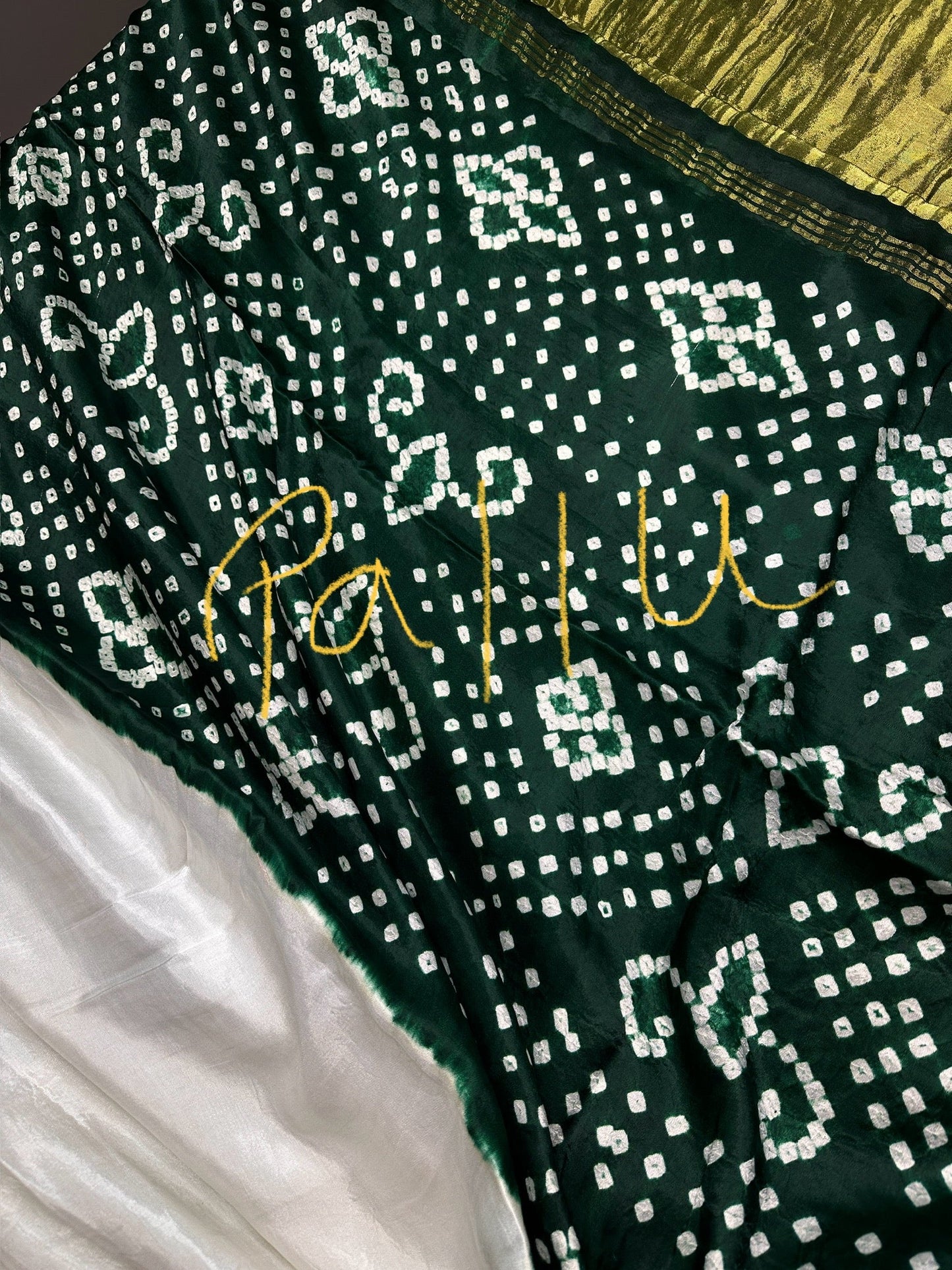 Bandhani Bhandej Half and Half White Green modal Silk Saree