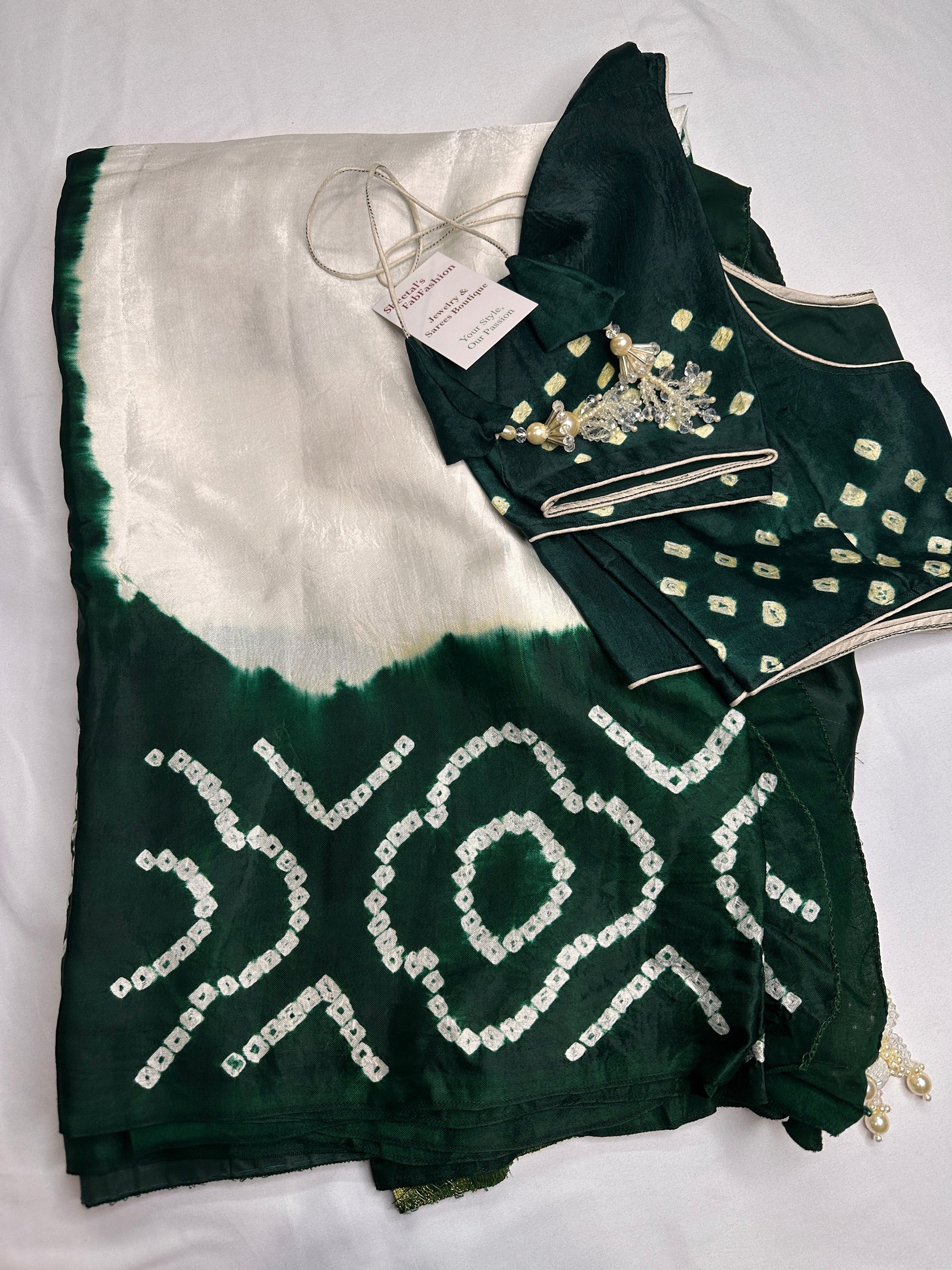 Bandhani Bhandej Half and Half White Green modal Silk Saree