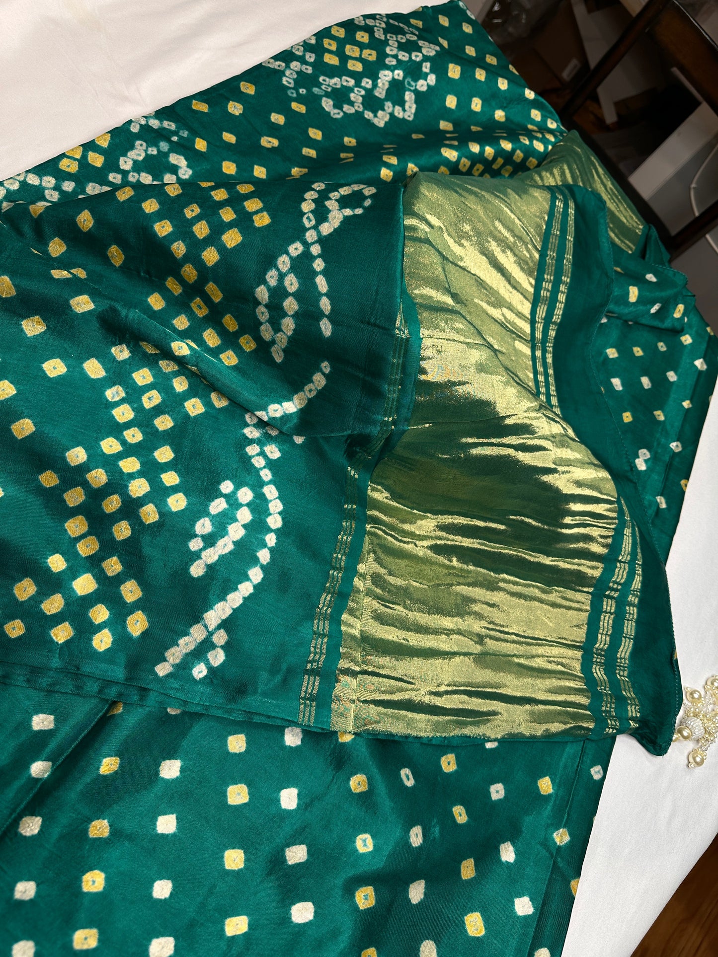 Bandhani Bhandej Green Modal Silk Saree