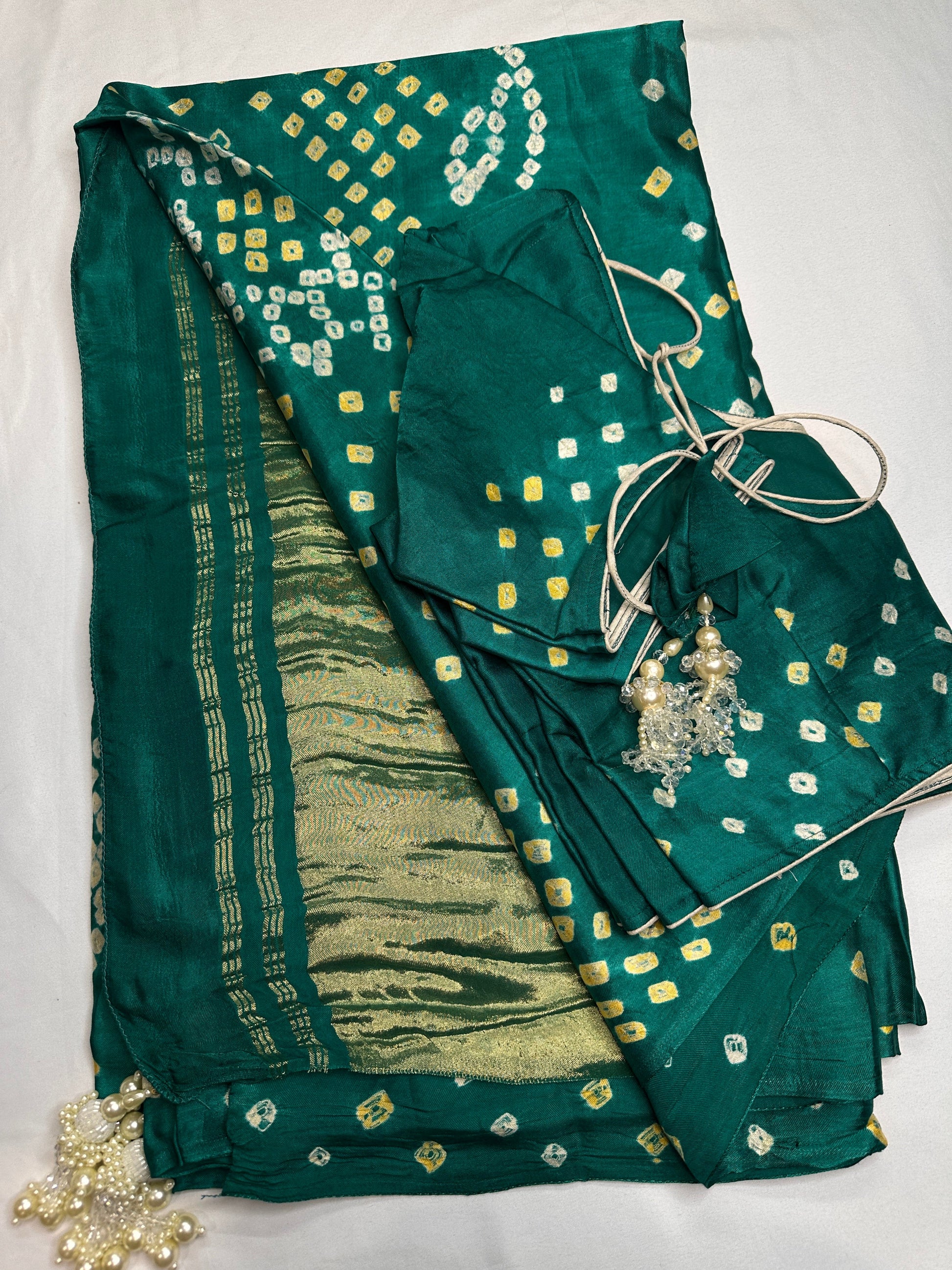 Bandhani Bhandej Green Modal Silk Saree