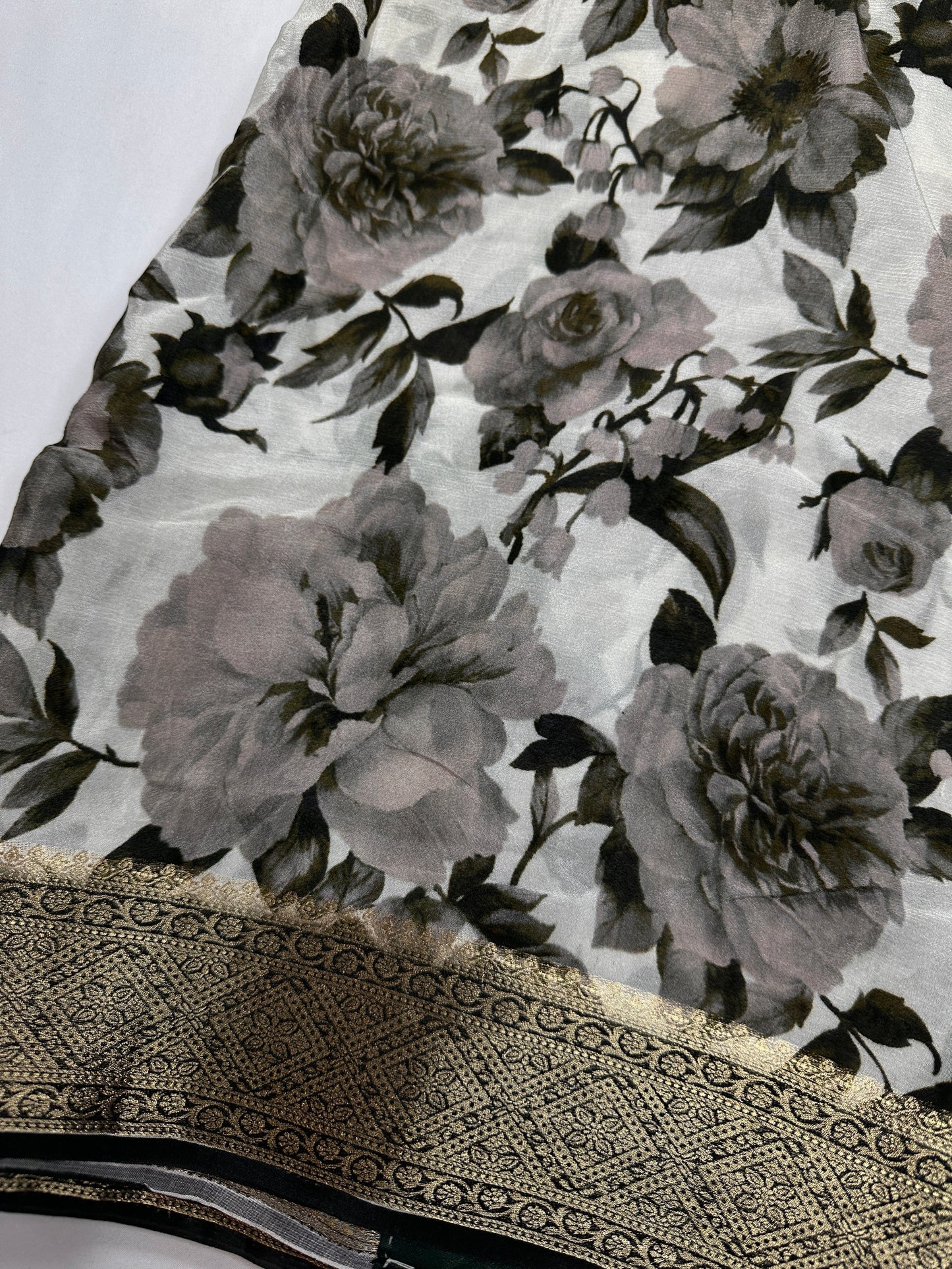 Floral Pure Chiffon Green Grey Saree