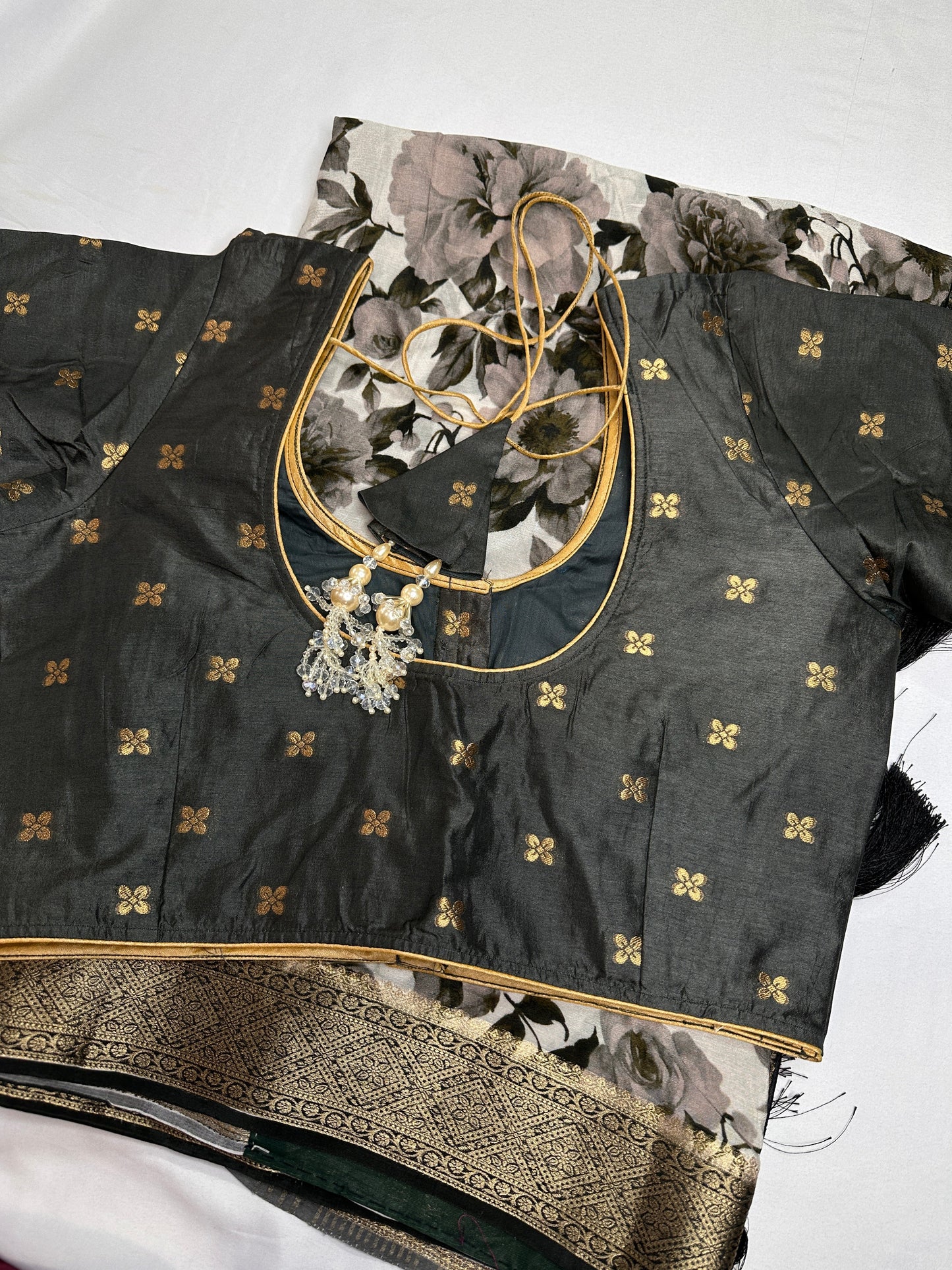 Floral Pure Chiffon Green Grey Saree