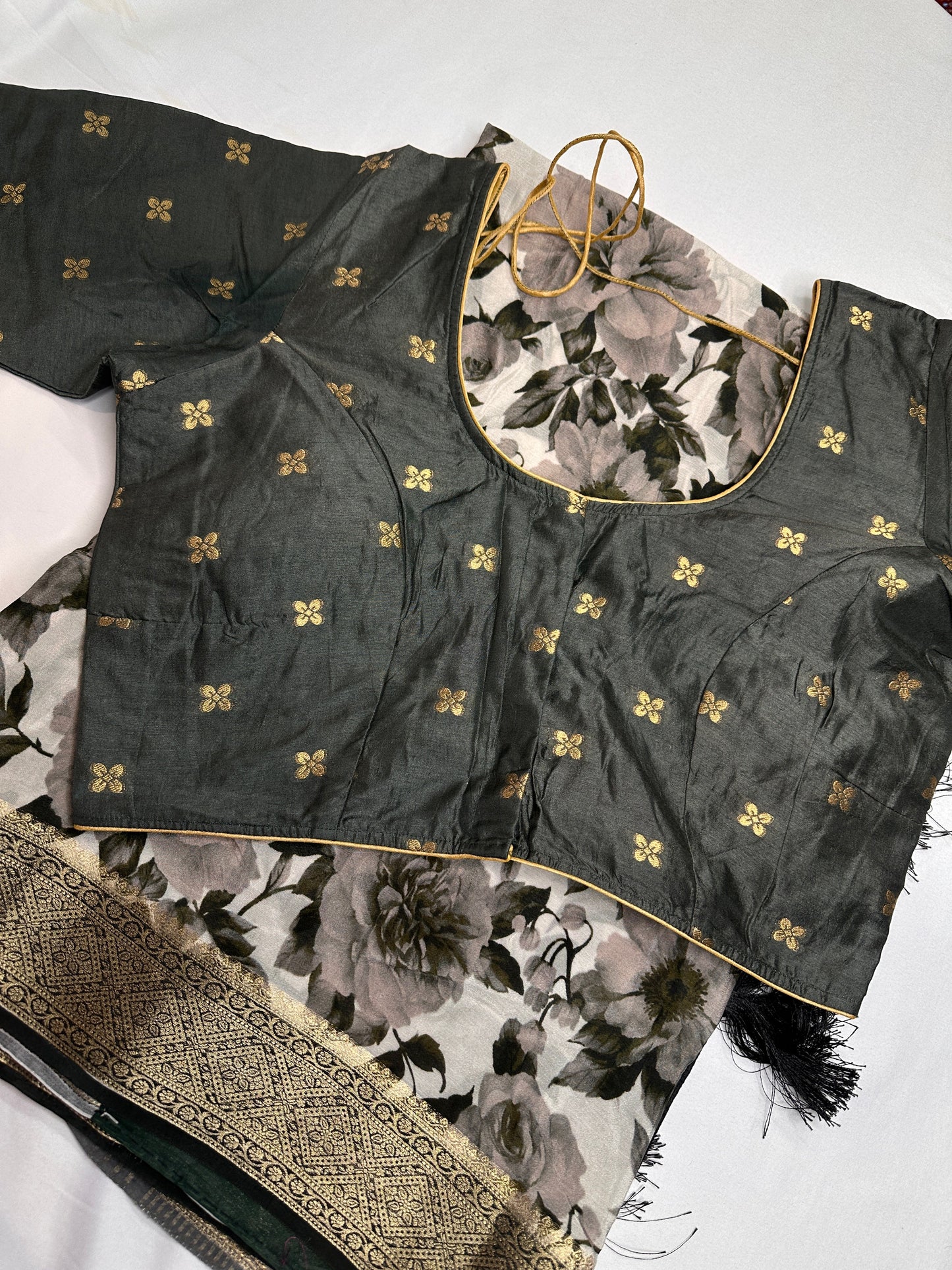 Floral Pure Chiffon Green Grey Saree