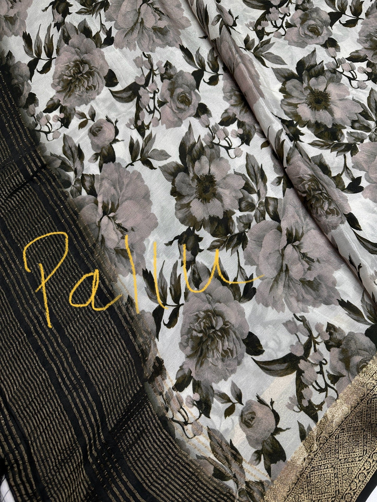 Floral Pure Chiffon Green Grey Saree