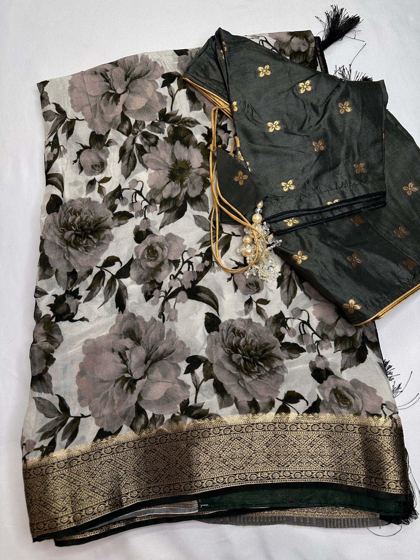 Floral Pure Chiffon Green Grey Saree