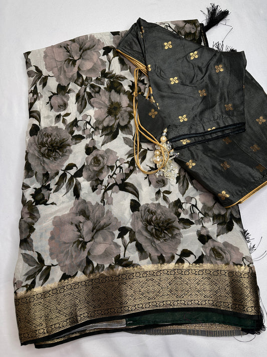 Floral Pure Chiffon Green Grey Saree