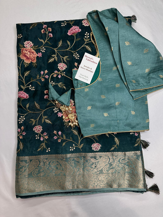 Floral Embroidery Crepe Tissue Saree