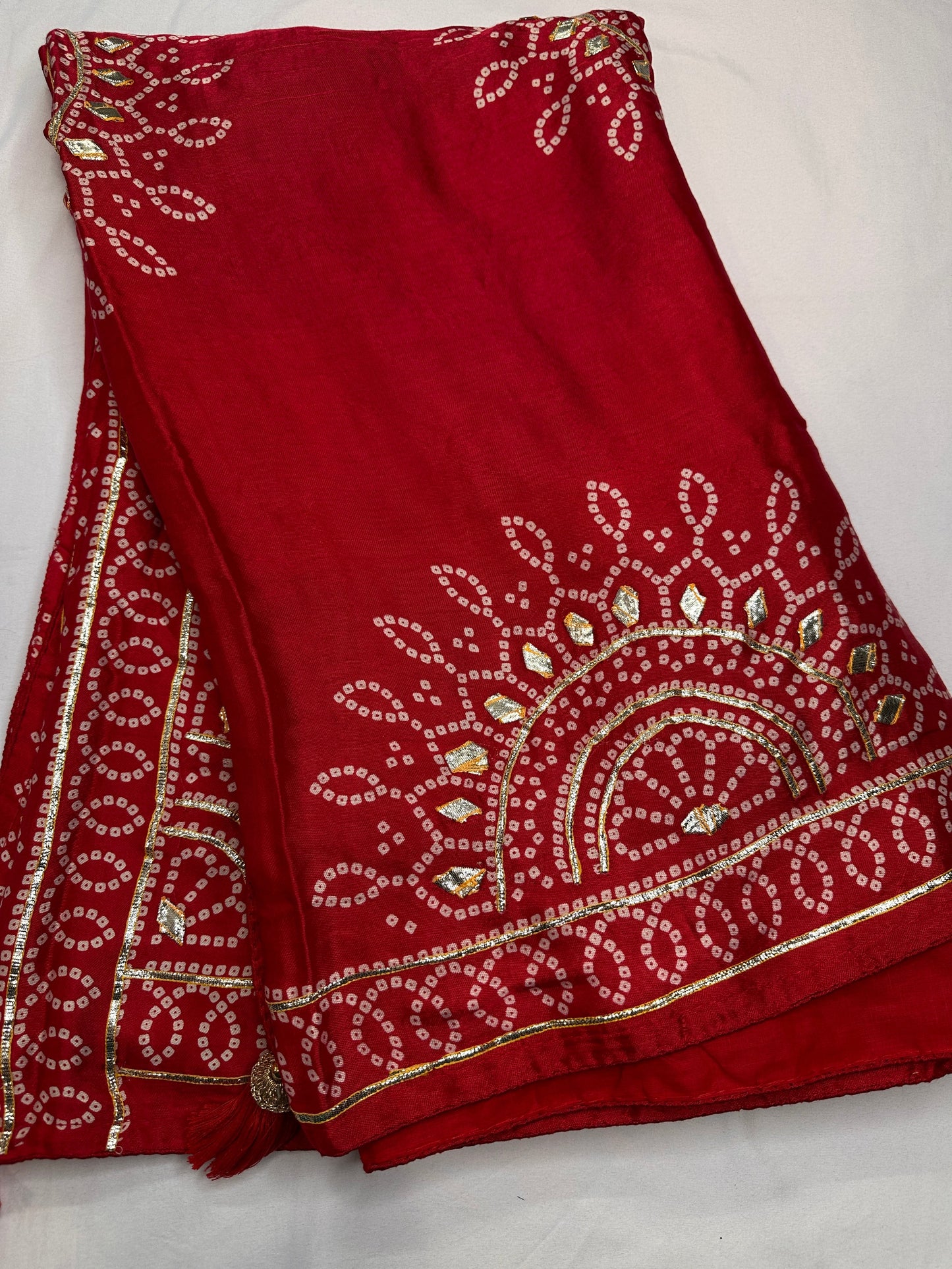 Pure Bandhani Bhandej red Gotta Patti Modal Silk Saree