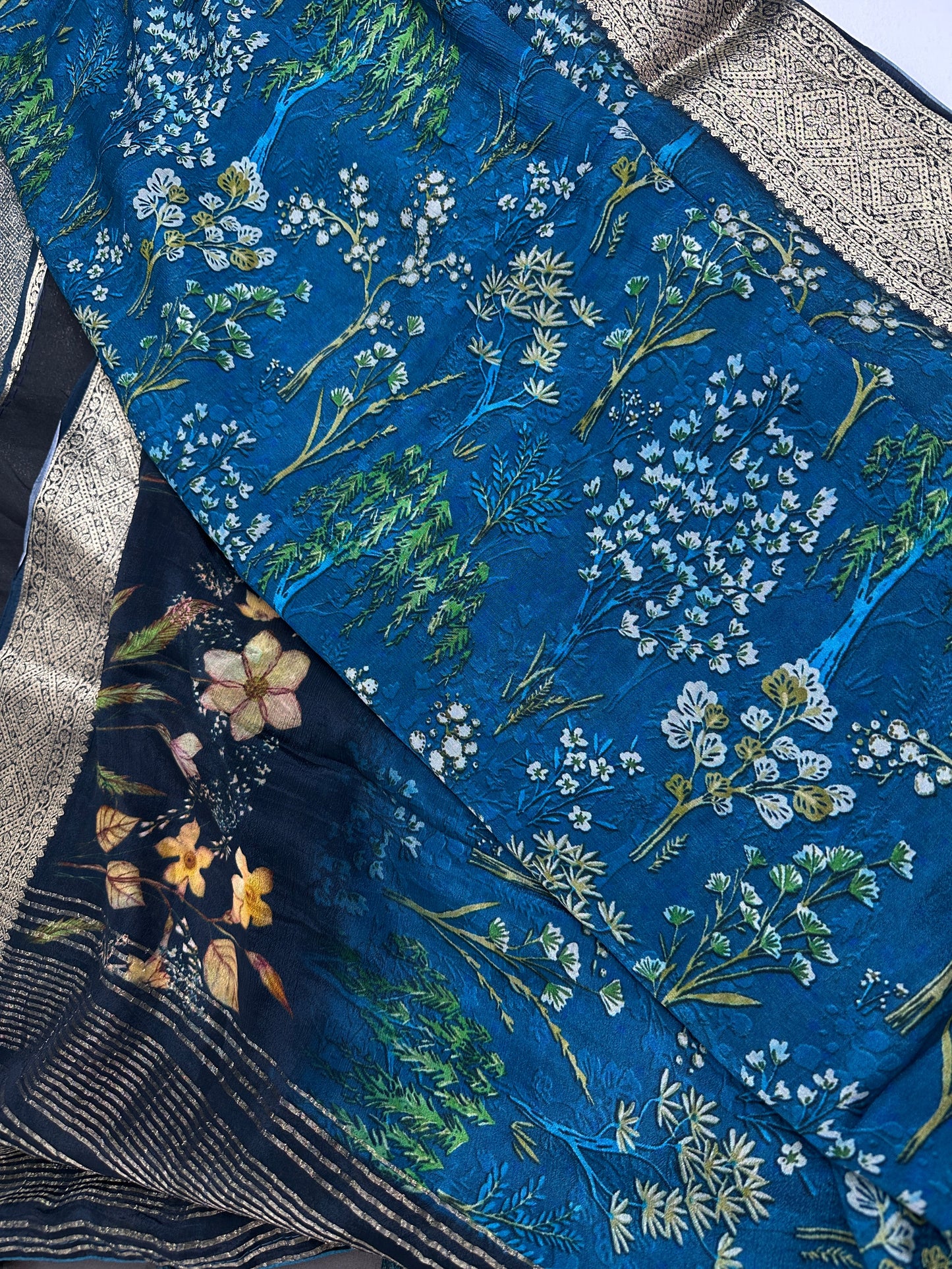 Floral Pure Chiffon Blue Saree